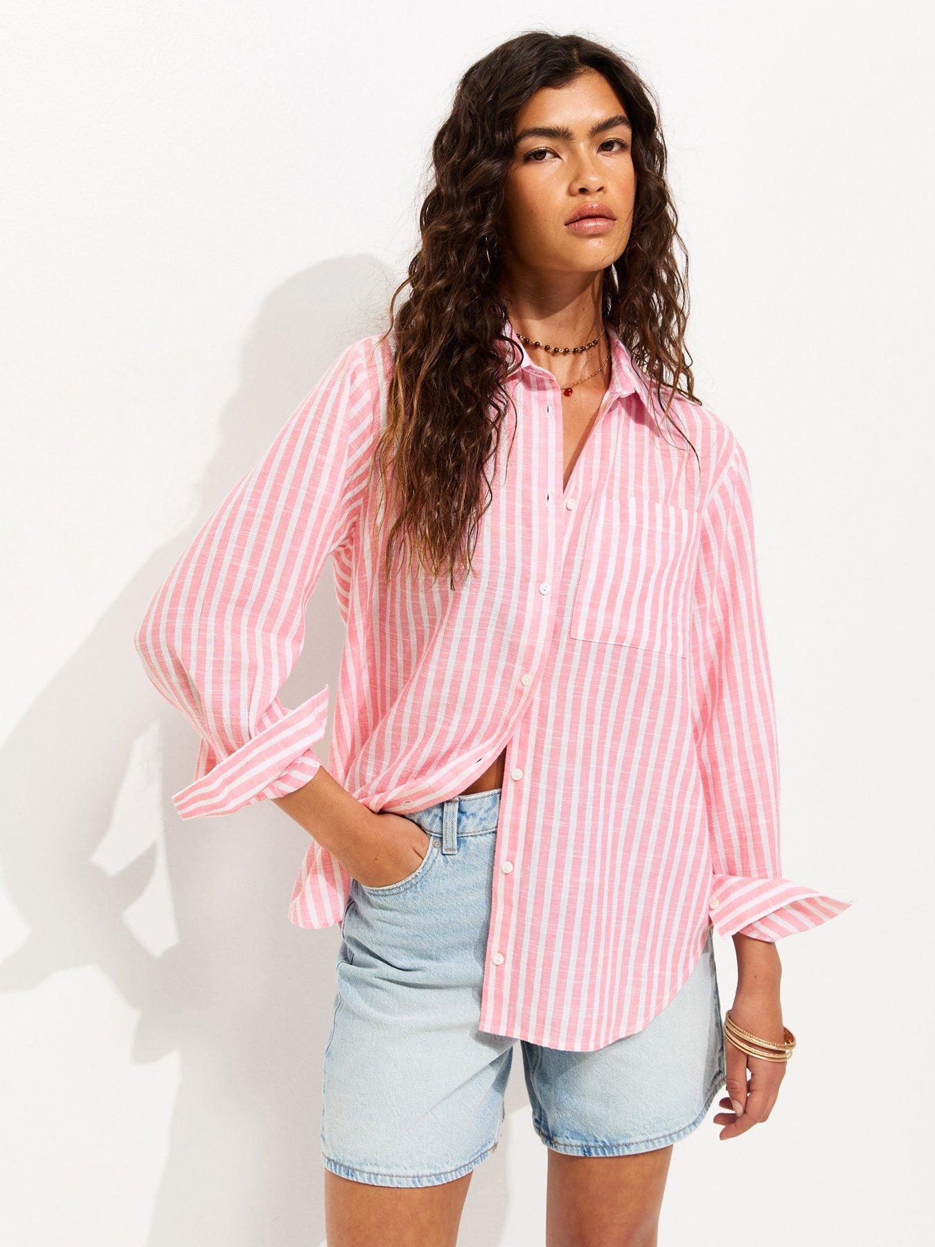 Image 1 of 5 of New Look Cotton Rich Striped Long Sleeve Shirt - Pink