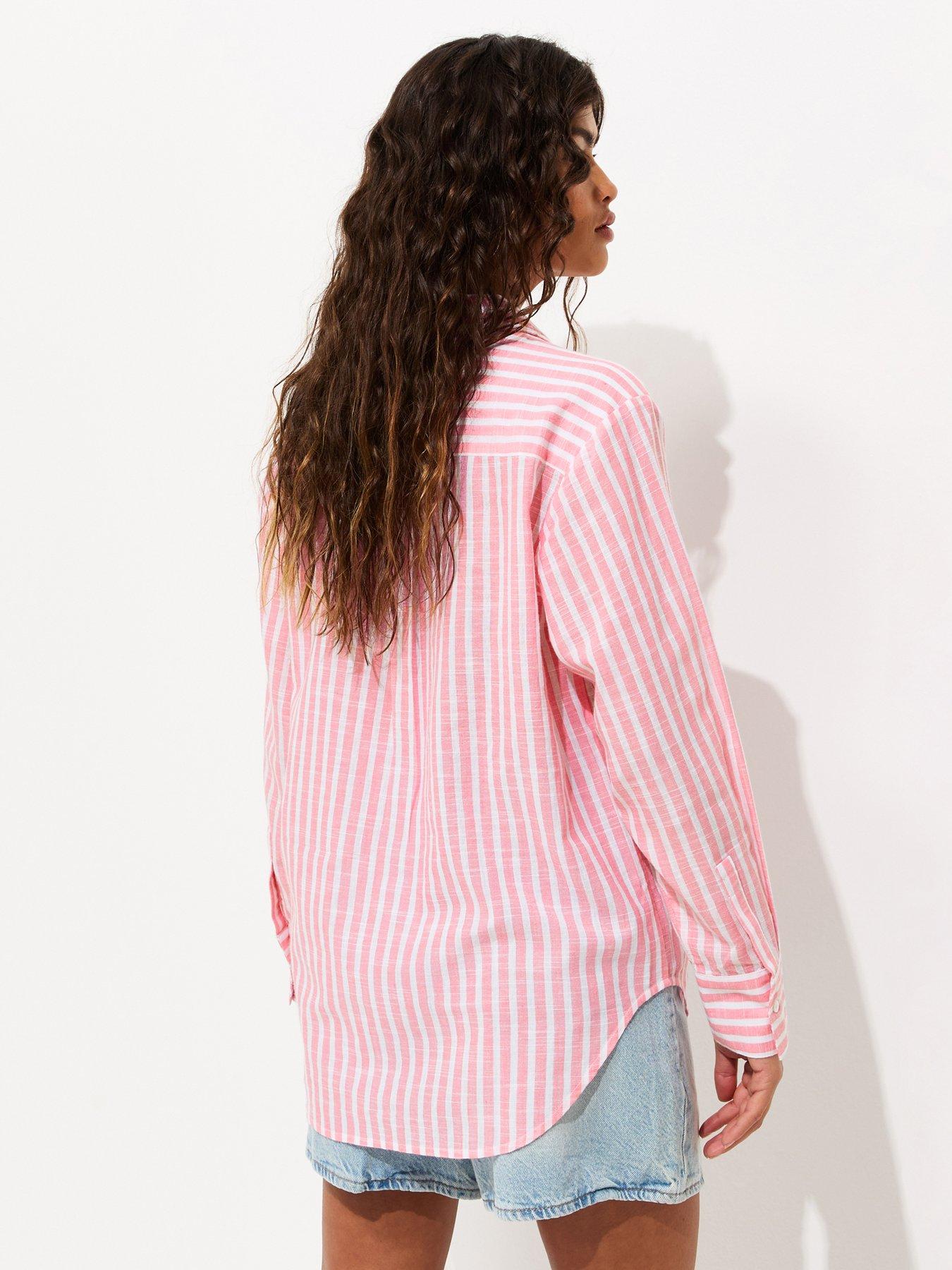 Image 2 of 5 of New Look Cotton Rich Striped Long Sleeve Shirt - Pink