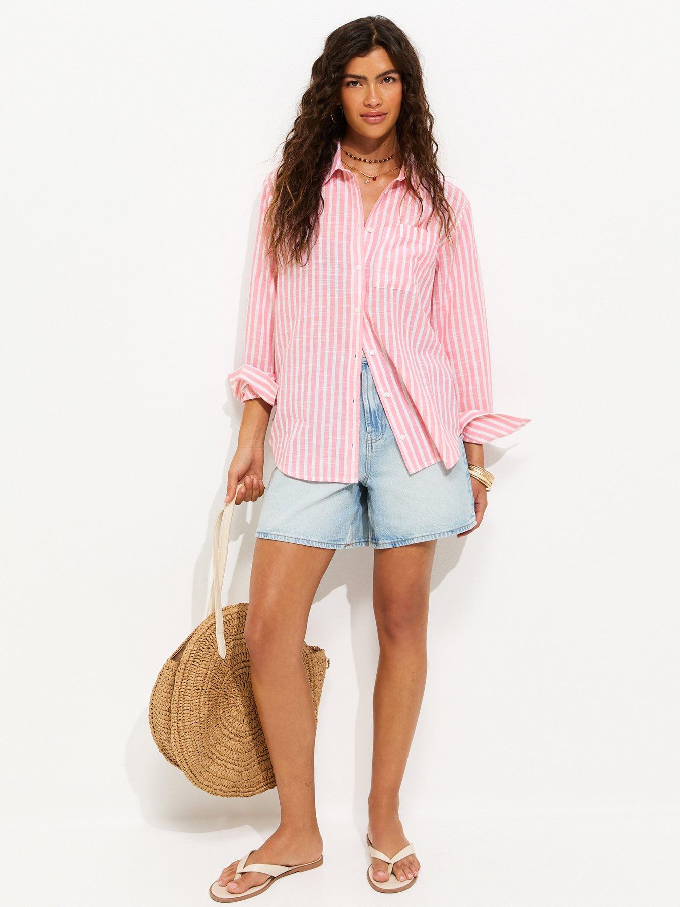 Image 3 of 5 of New Look Cotton Rich Striped Long Sleeve Shirt - Pink