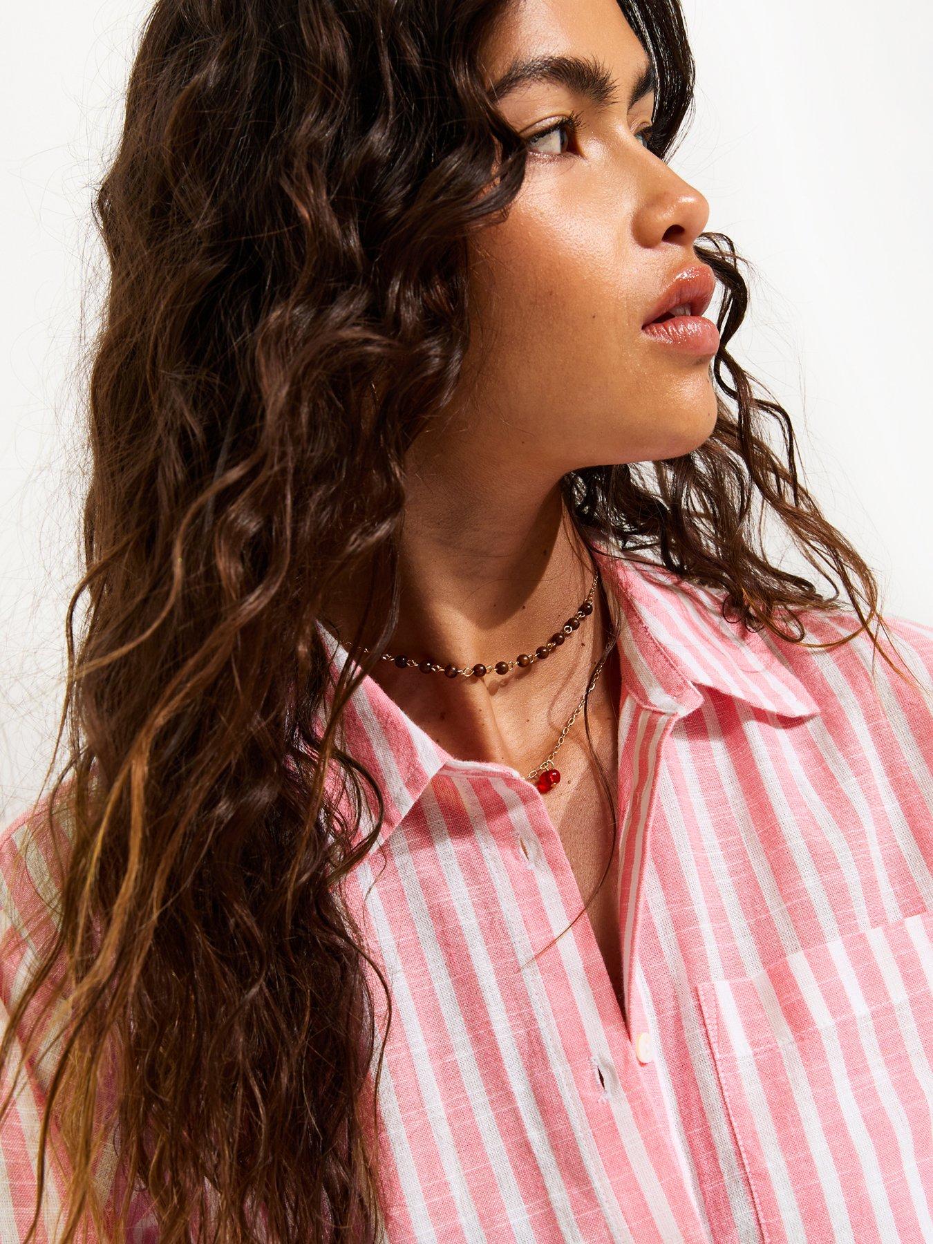 Image 4 of 5 of New Look Cotton Rich Striped Long Sleeve Shirt - Pink