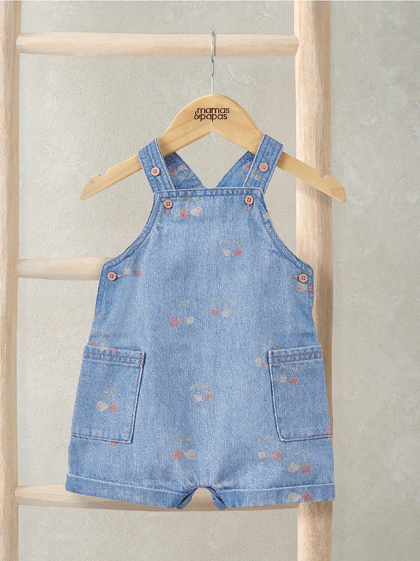 Mamas & Papas Baby Girls Cherry Printed Denim Dungarees, Blue, Size 6-9 Months
