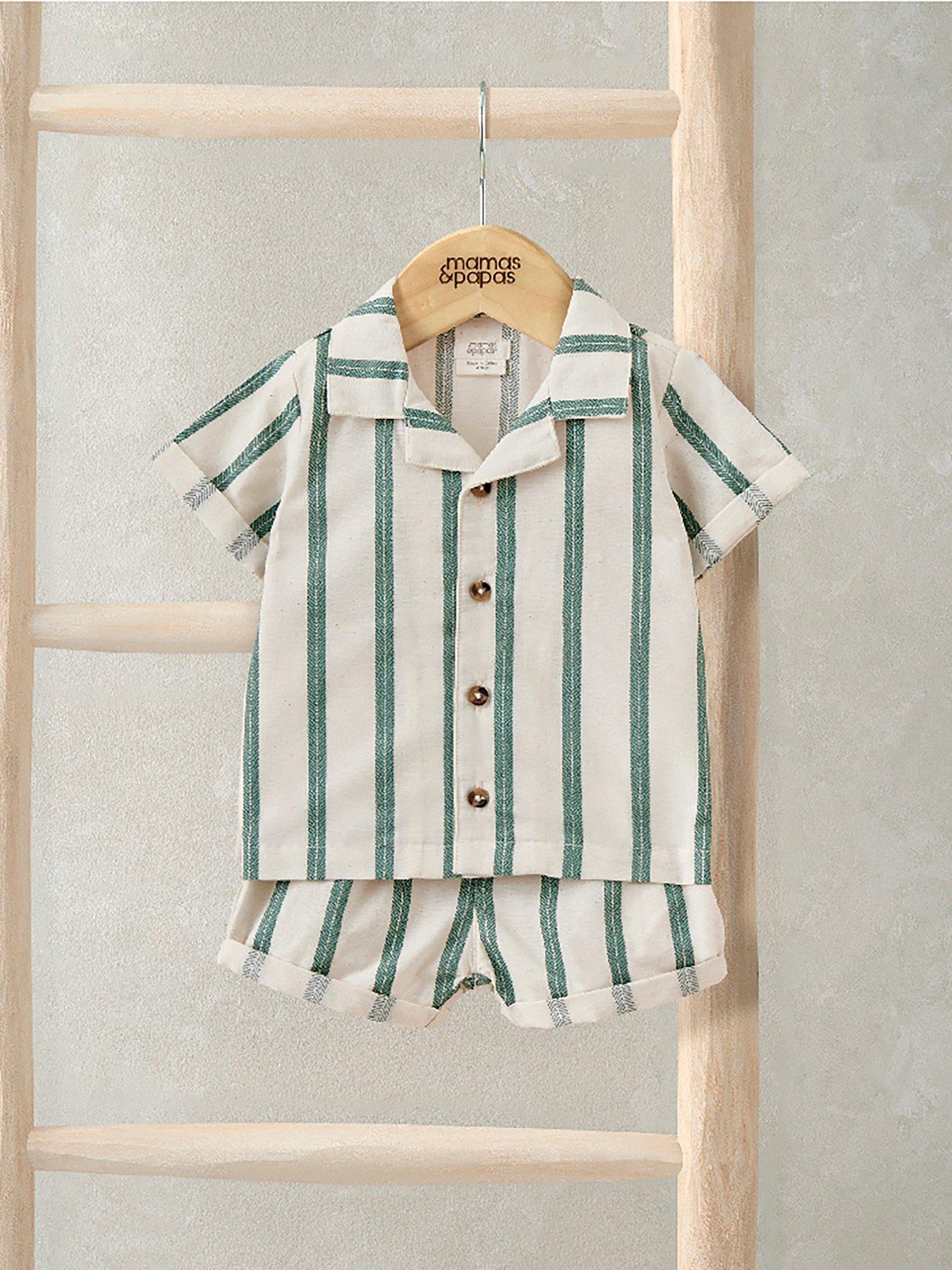 Mamas & Papas Baby Boys 2 Piece Stripe Shirt & Shorts Outfit Set - Green