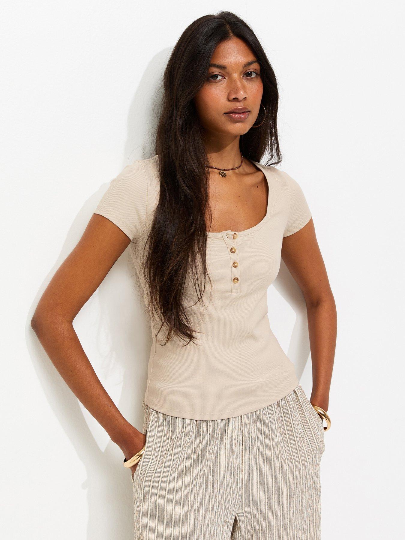 New Look Stone Short Sleeve Ribbed Henley Tee