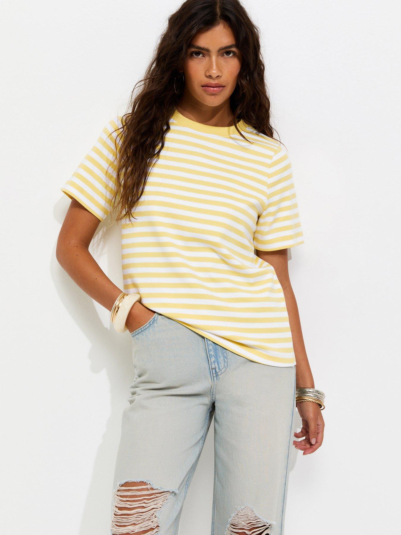 Image 1 of 5 of New Look Premium Cotton Striped Relaxed T-Shirt - Cream