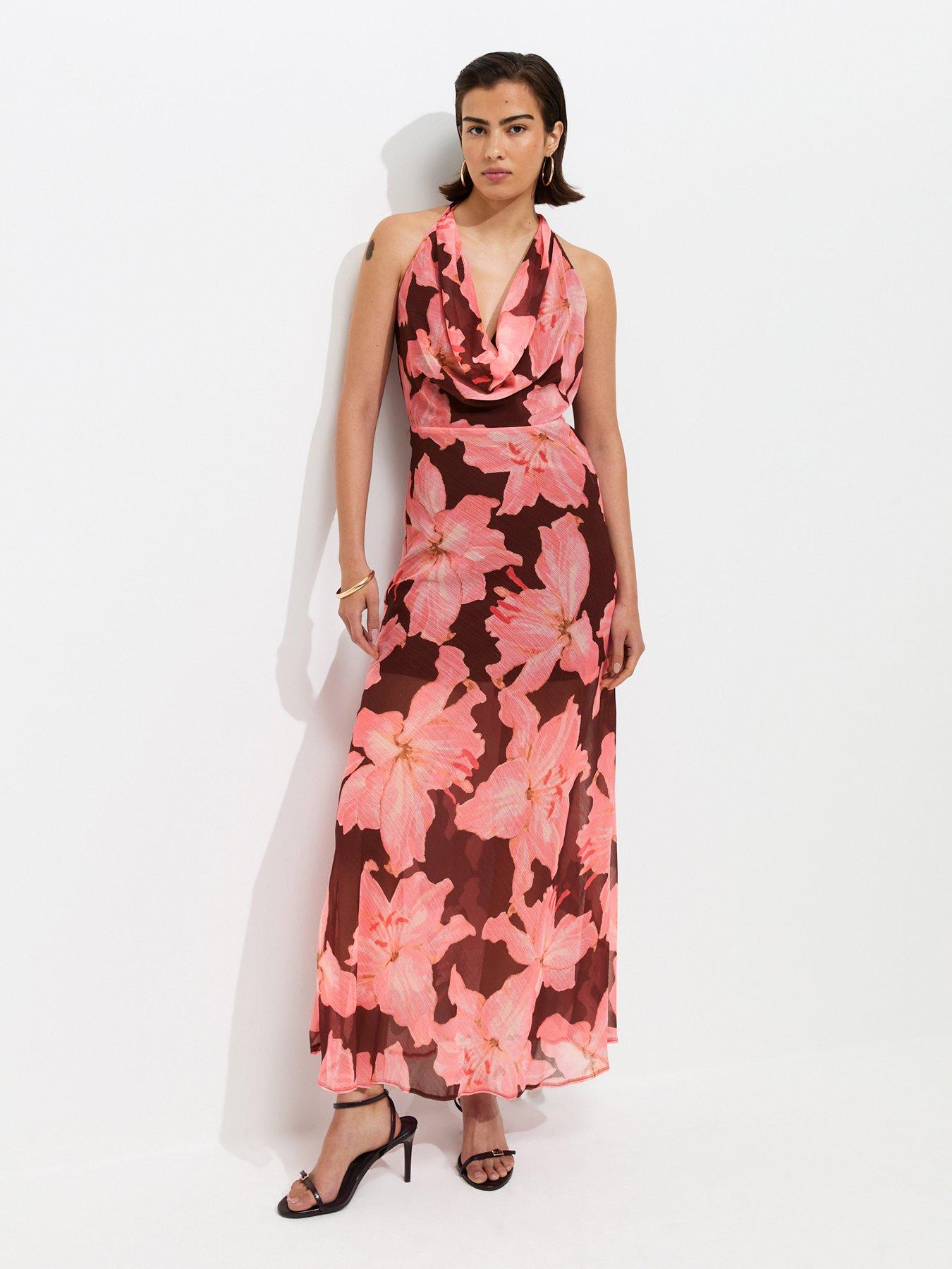 New Look Chiffon Floral Cowl Halter Neck Maxi Dress - Pink