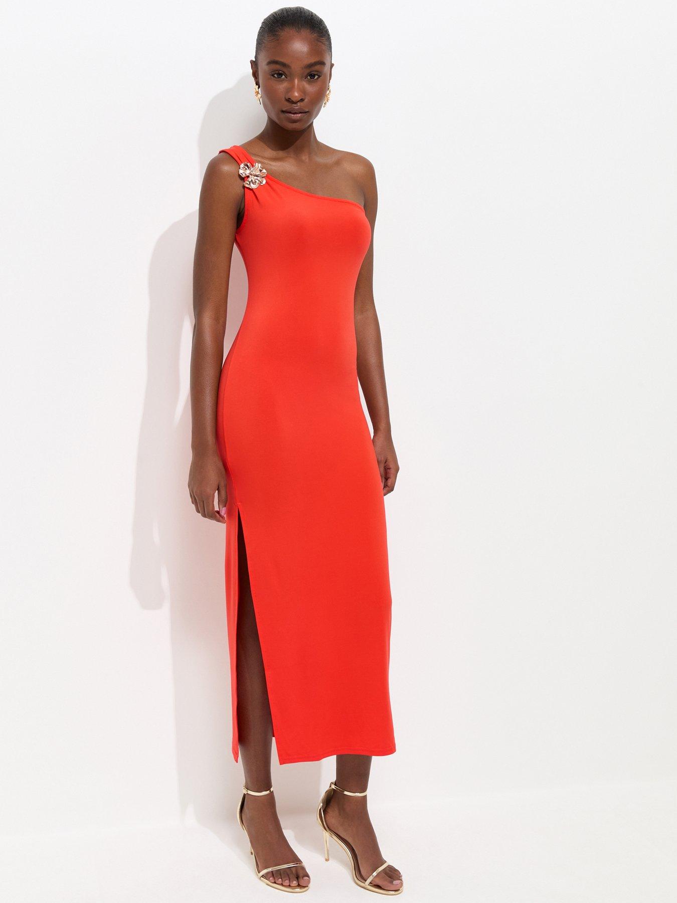 new look orange dress New Look Flower Charm One Shoulder Midi Dress - Bright Orange