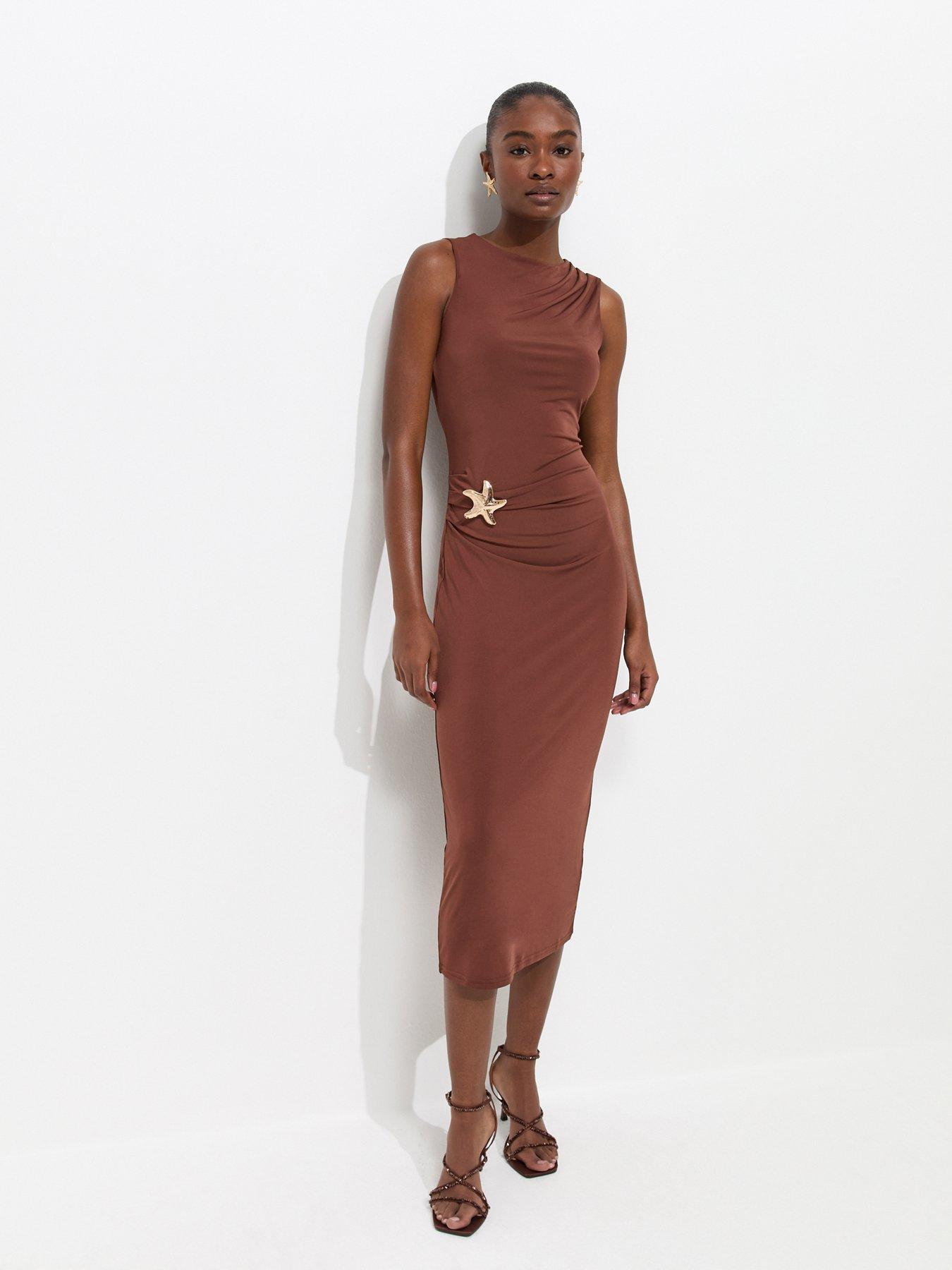 brown starfish dress SHEIN BAE Women's Brown And Gold Starfish Crochet Dress,Sheer Mesh Knitted  Bodycon Mini Dress,Summer Casual Beach Holiday Vacation Holiday,Valentine  Outfits