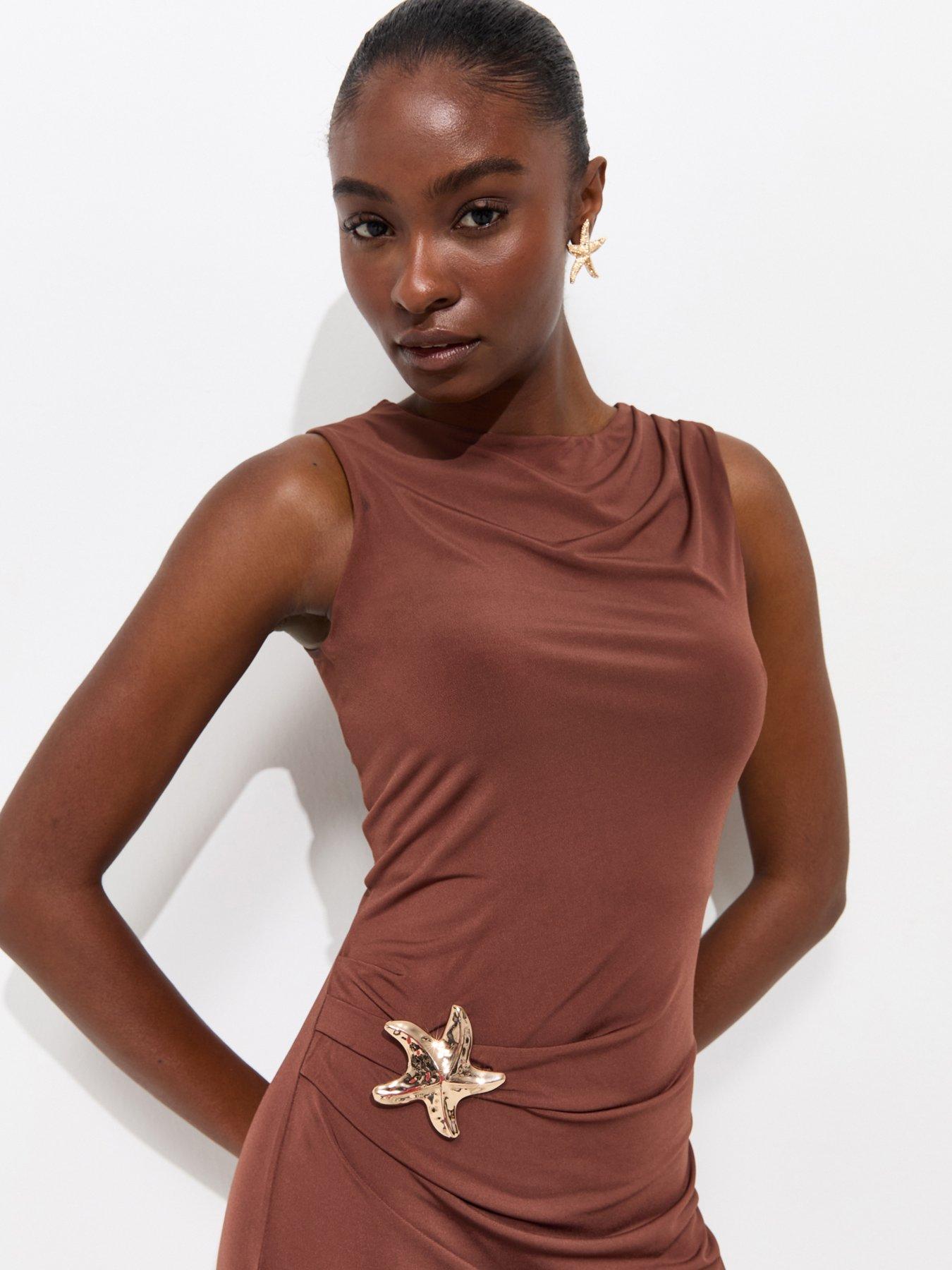 brown racerback dress Leith Racerback Sleeveless Scoop Neck Jersey Knit Tank Mini Dress Brown  Large