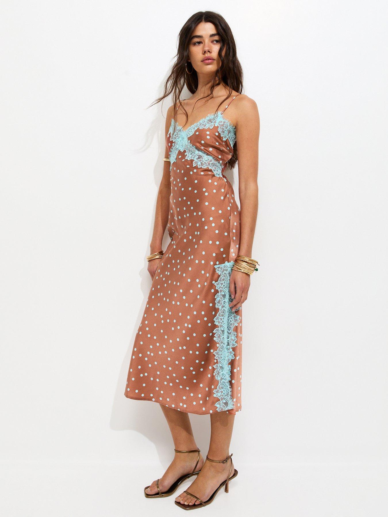 new look brown polka dot dress Contrast Lace Trim Slit Midi - Black See Through Dress, color-periwinkle Colour:HOT PINK PLACEMENT FLORAL Midi dress Lined Straight