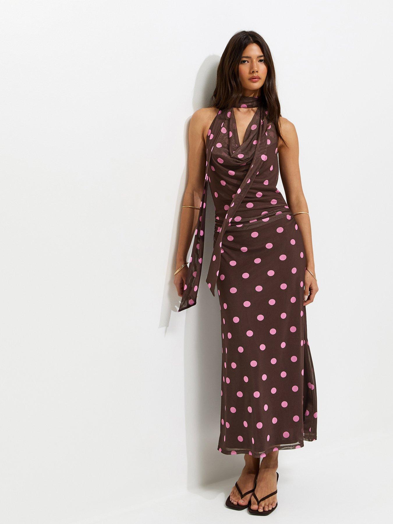 New Look Brown Polka Dot Cowl Neck Scarf Trim Midi Dress