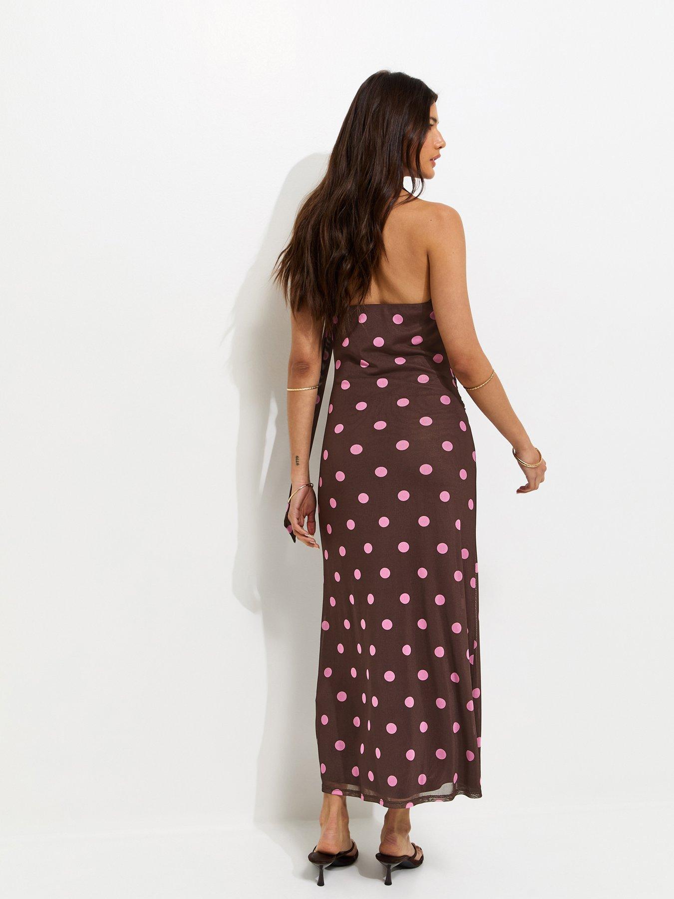 New Look Brown Polka Dot Cowl Neck Scarf Trim Midi Dress | Very