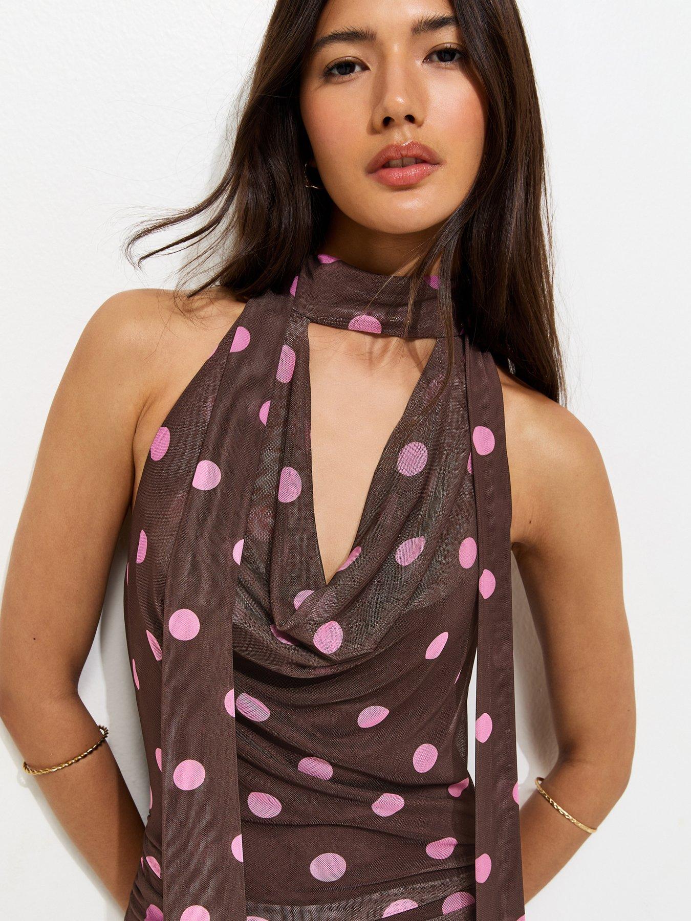 New Look Brown Polka Dot Cowl Neck Scarf Trim Midi Dress | Very