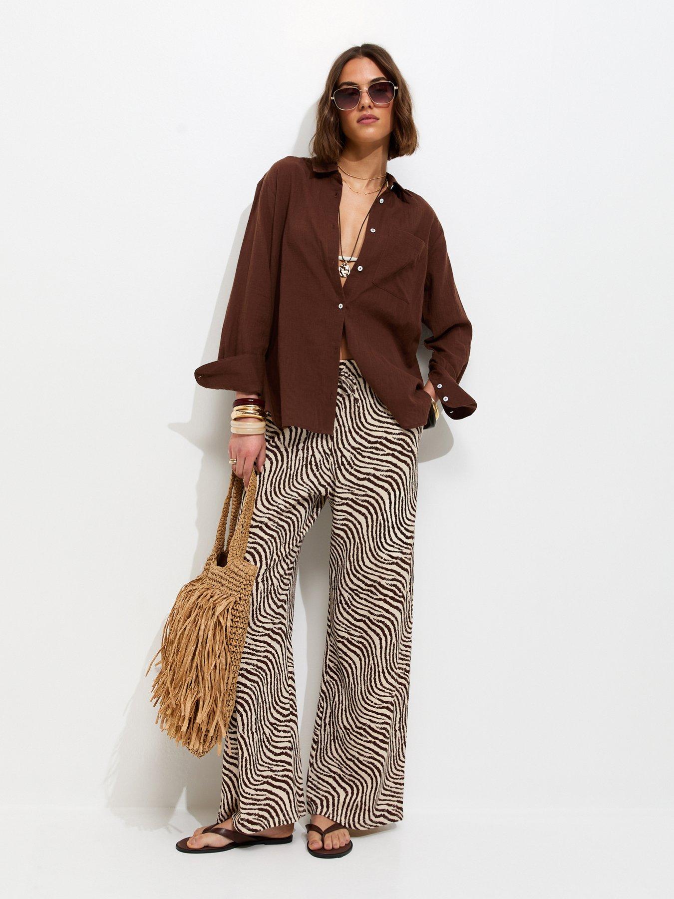 New Look Zebra Print Crinkle Texture Wide Leg Trousers - Brown
