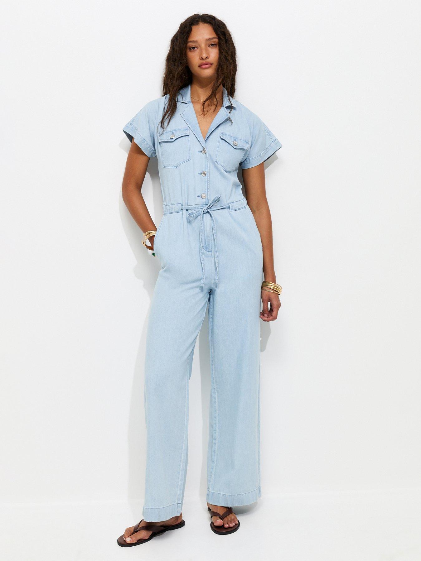 New Look Light Blue Denim Short Sleeve Jumpsuit