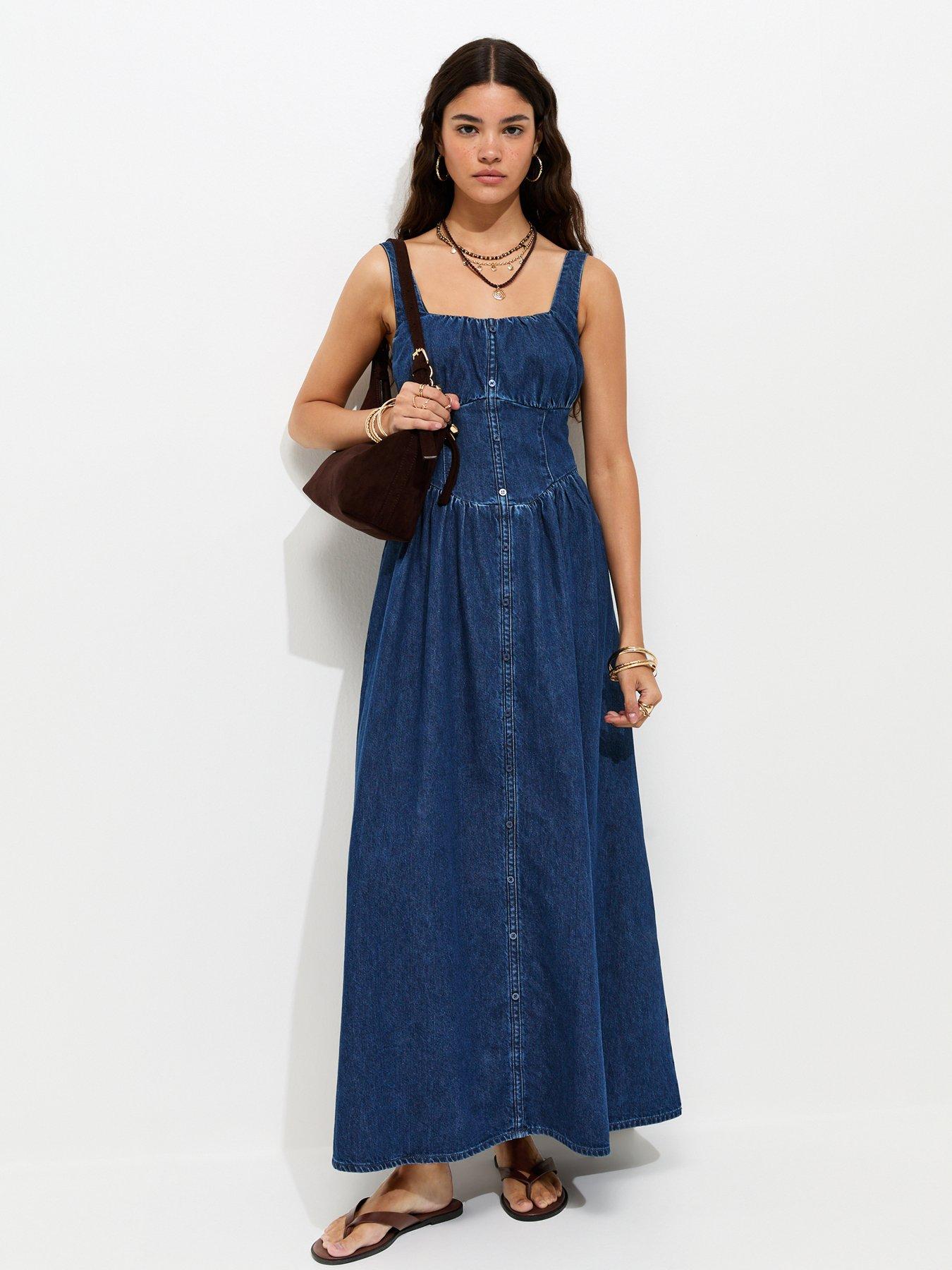 New Look Blue Cotton Milkmaid Denim Midi Dress