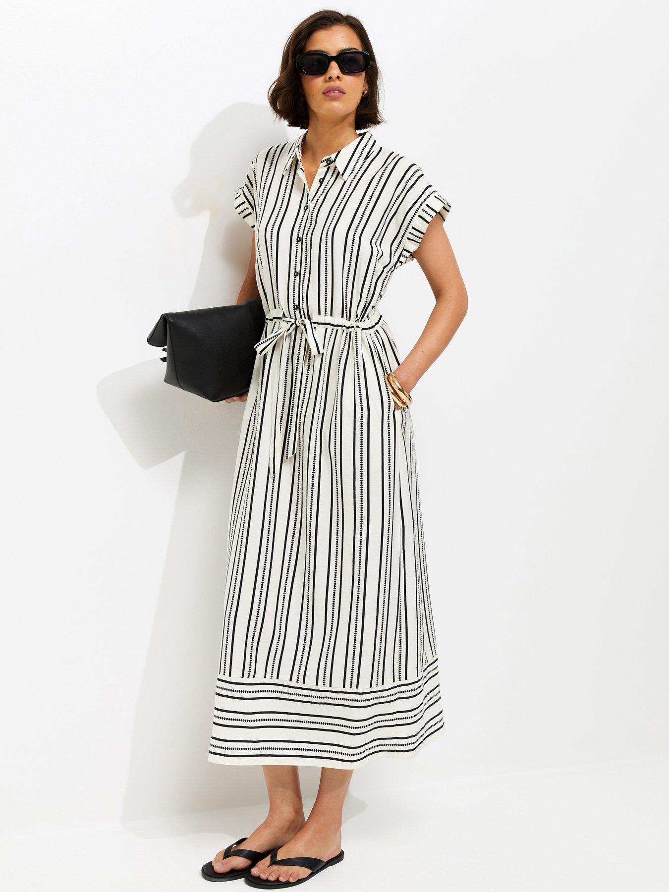 Image 1 of 5 of New Look Striped Striped Midi Shirt Dress - Cream