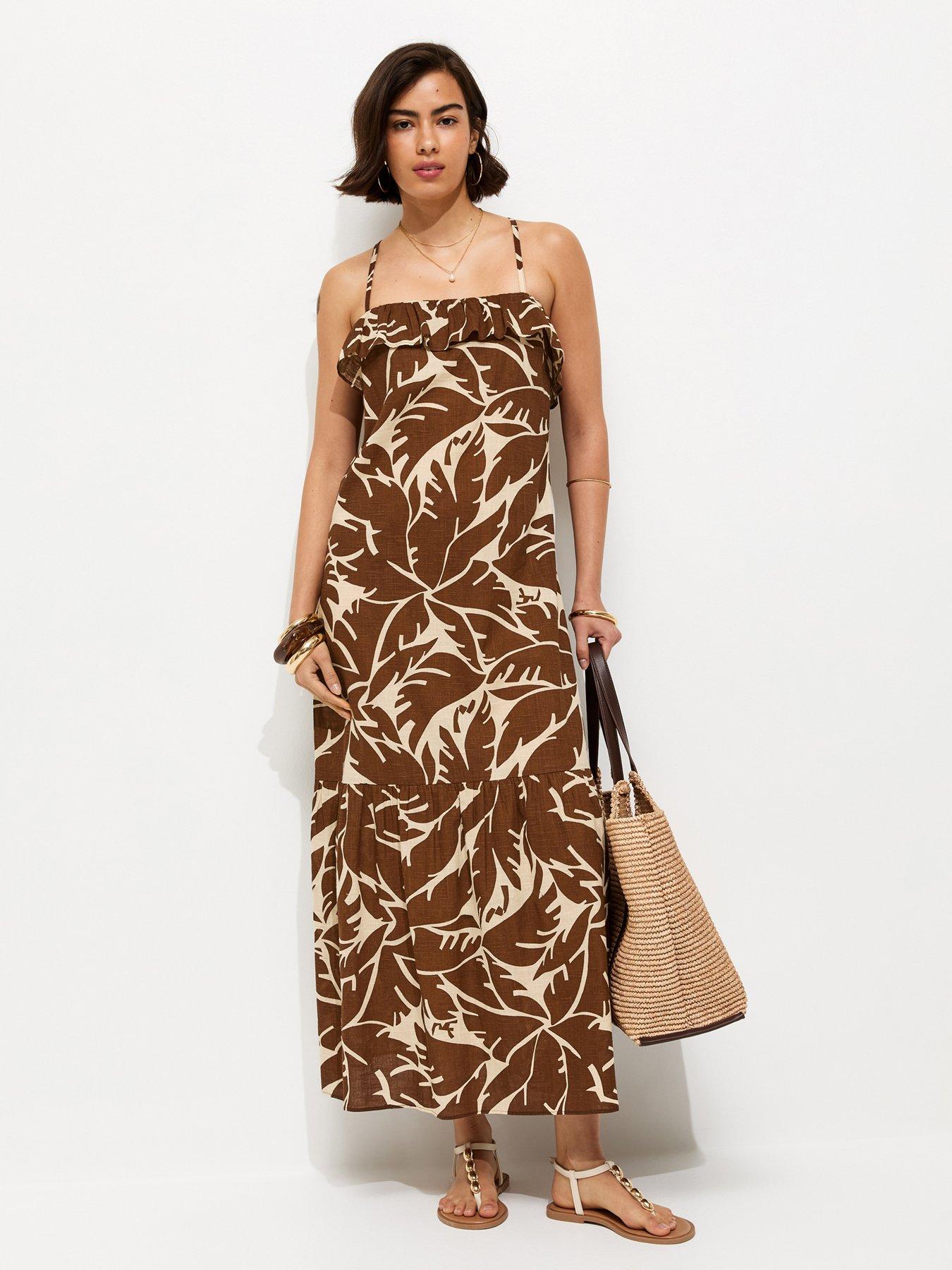 Image 1 of 6 of New Look Leaf Pattern Strappy Ruffle Midi Dress - Brown