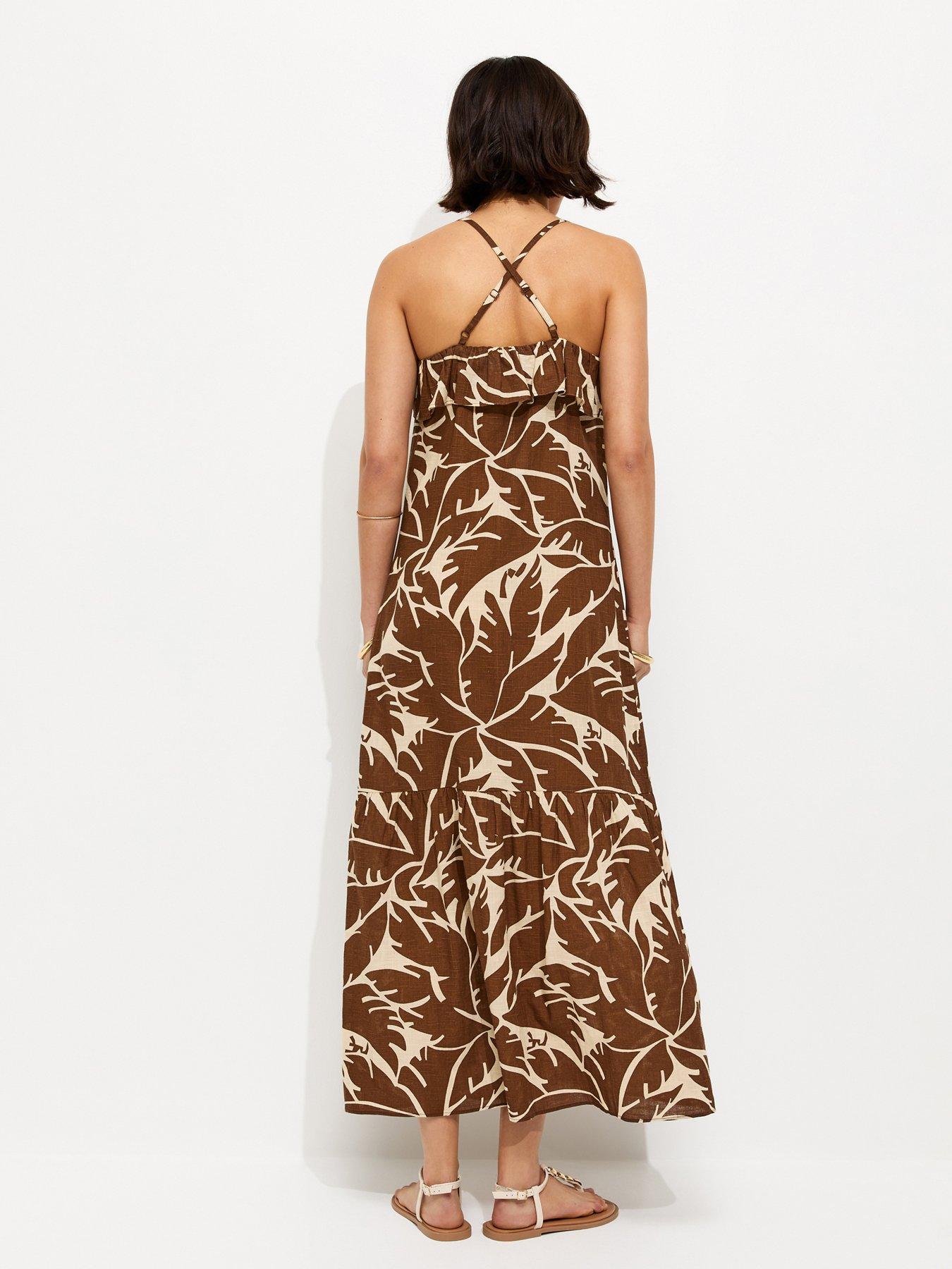 Image 2 of 6 of New Look Leaf Pattern Strappy Ruffle Midi Dress - Brown