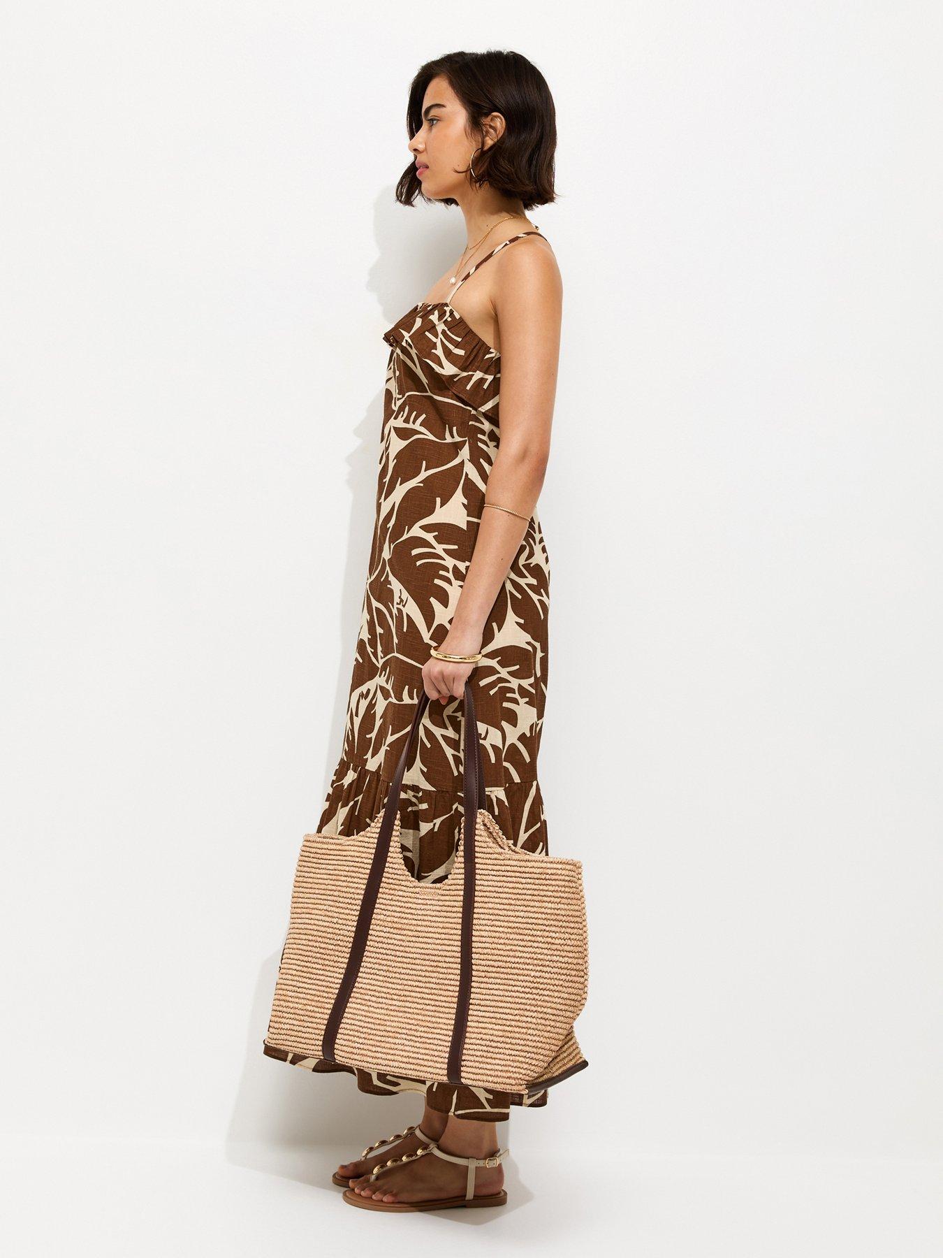 Image 3 of 6 of New Look Leaf Pattern Strappy Ruffle Midi Dress - Brown