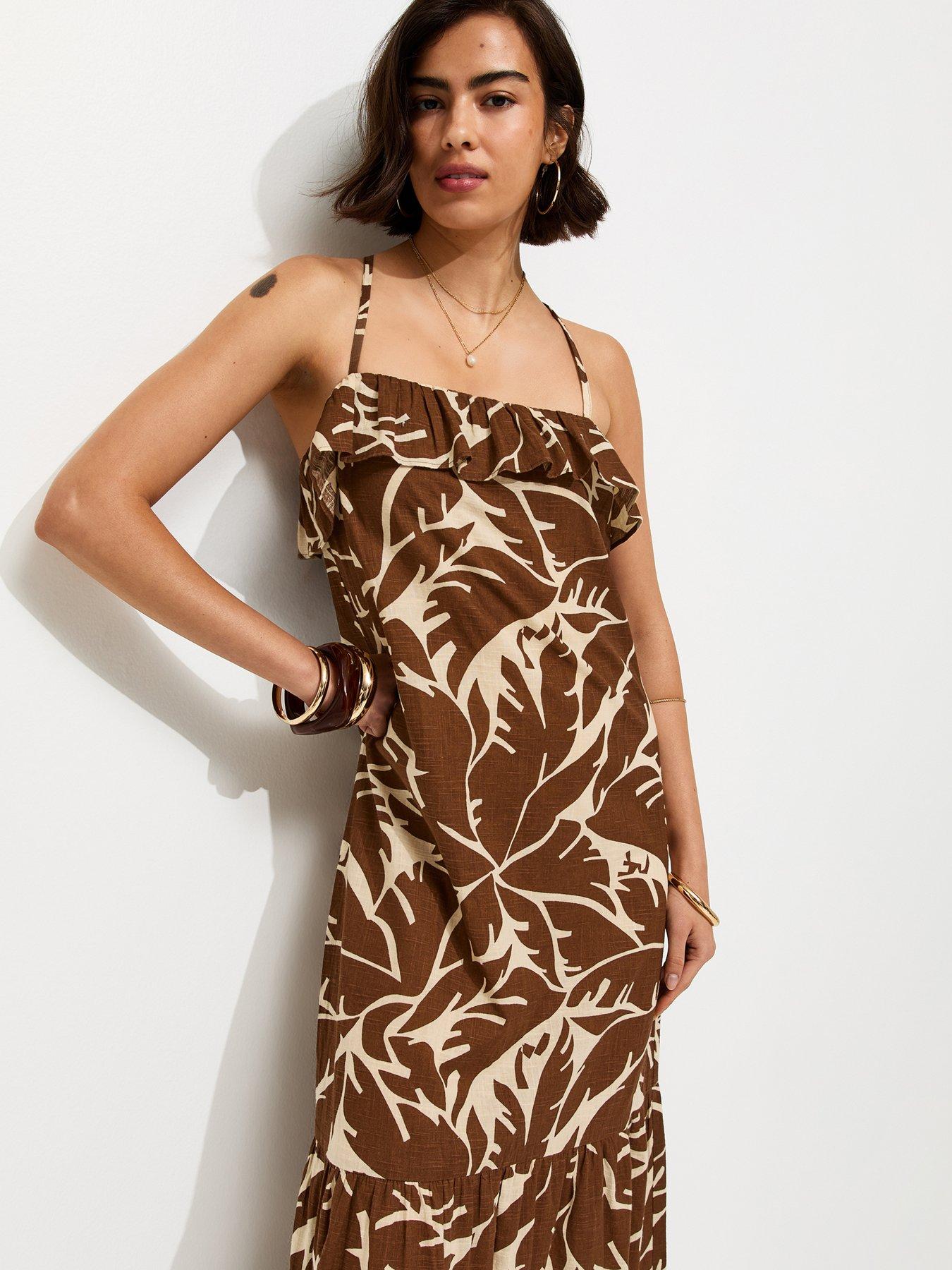 Image 4 of 6 of New Look Leaf Pattern Strappy Ruffle Midi Dress - Brown