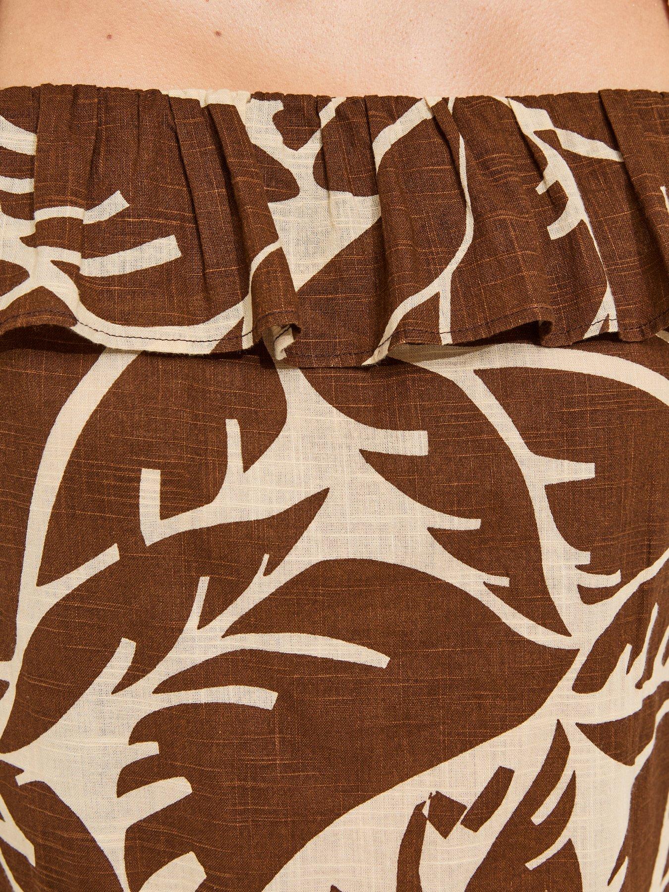 Image 6 of 6 of New Look Leaf Pattern Strappy Ruffle Midi Dress - Brown
