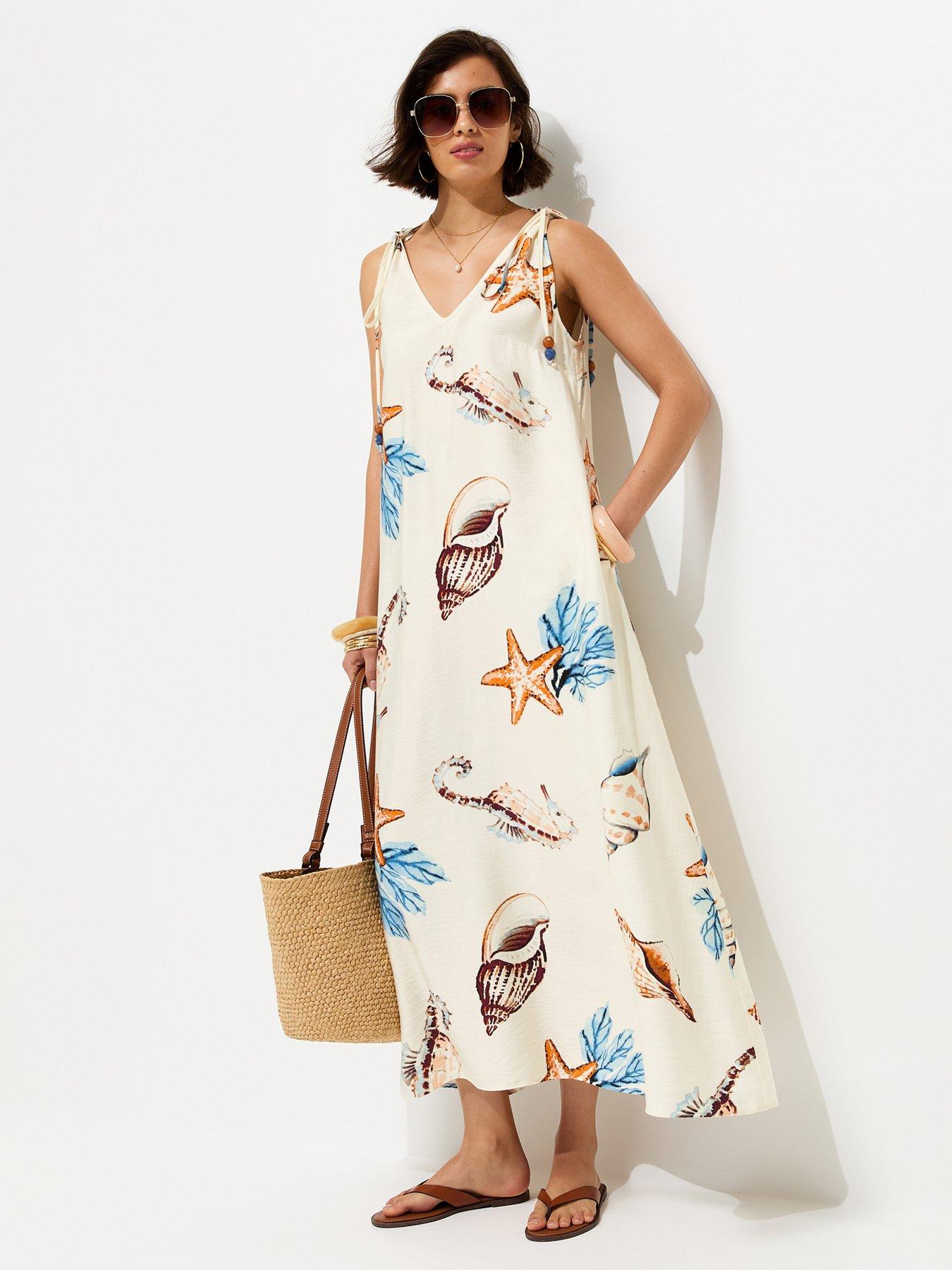 Image 1 of 6 of New Look Shell Print Beaded Strap Maxi Dress - Cream