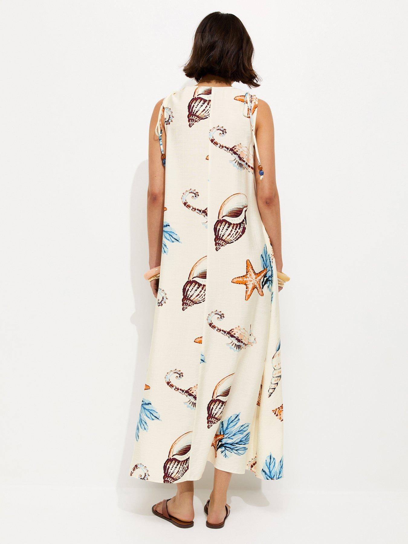 Image 2 of 6 of New Look Shell Print Beaded Strap Maxi Dress - Cream