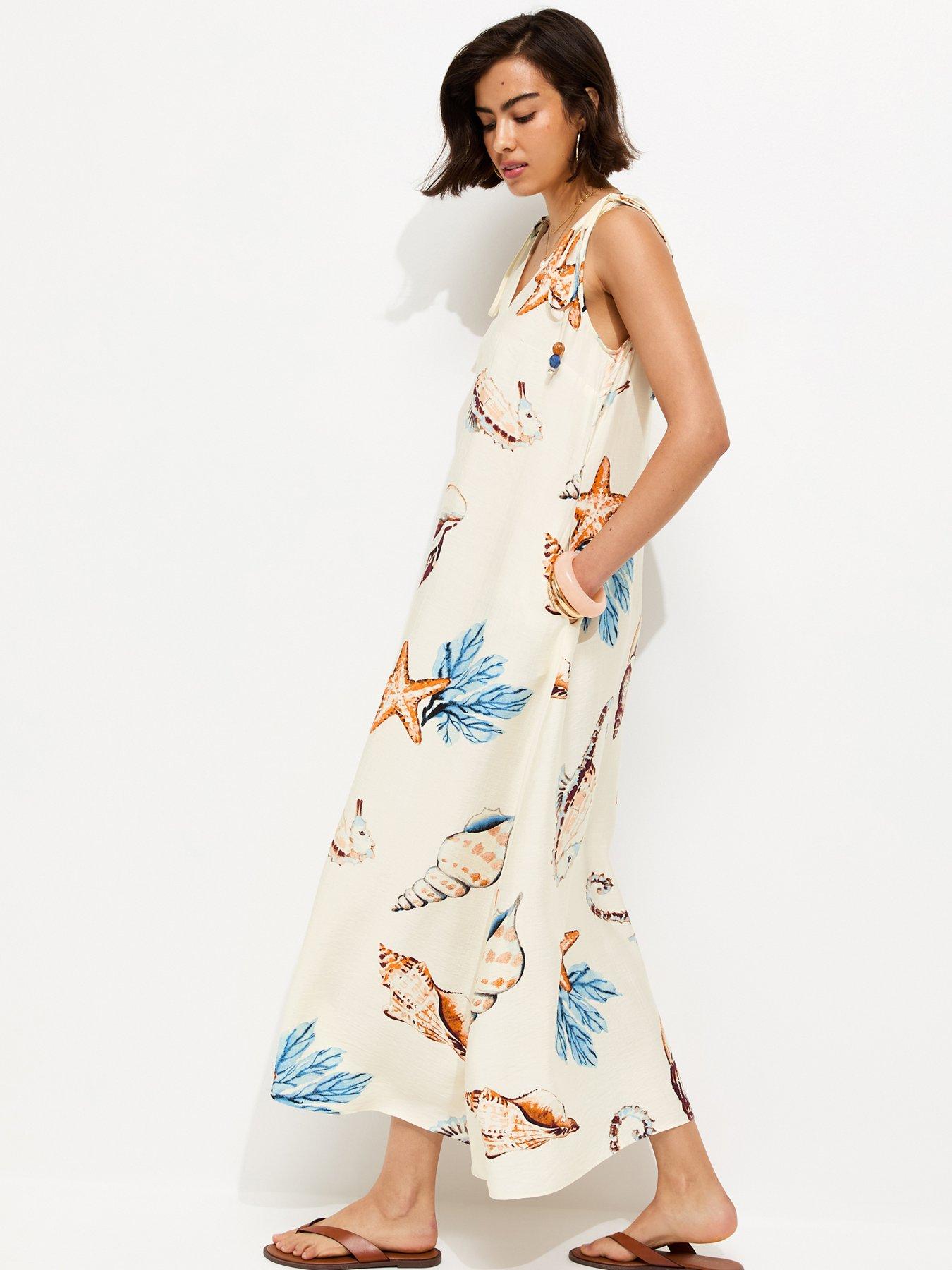 Image 3 of 6 of New Look Shell Print Beaded Strap Maxi Dress - Cream