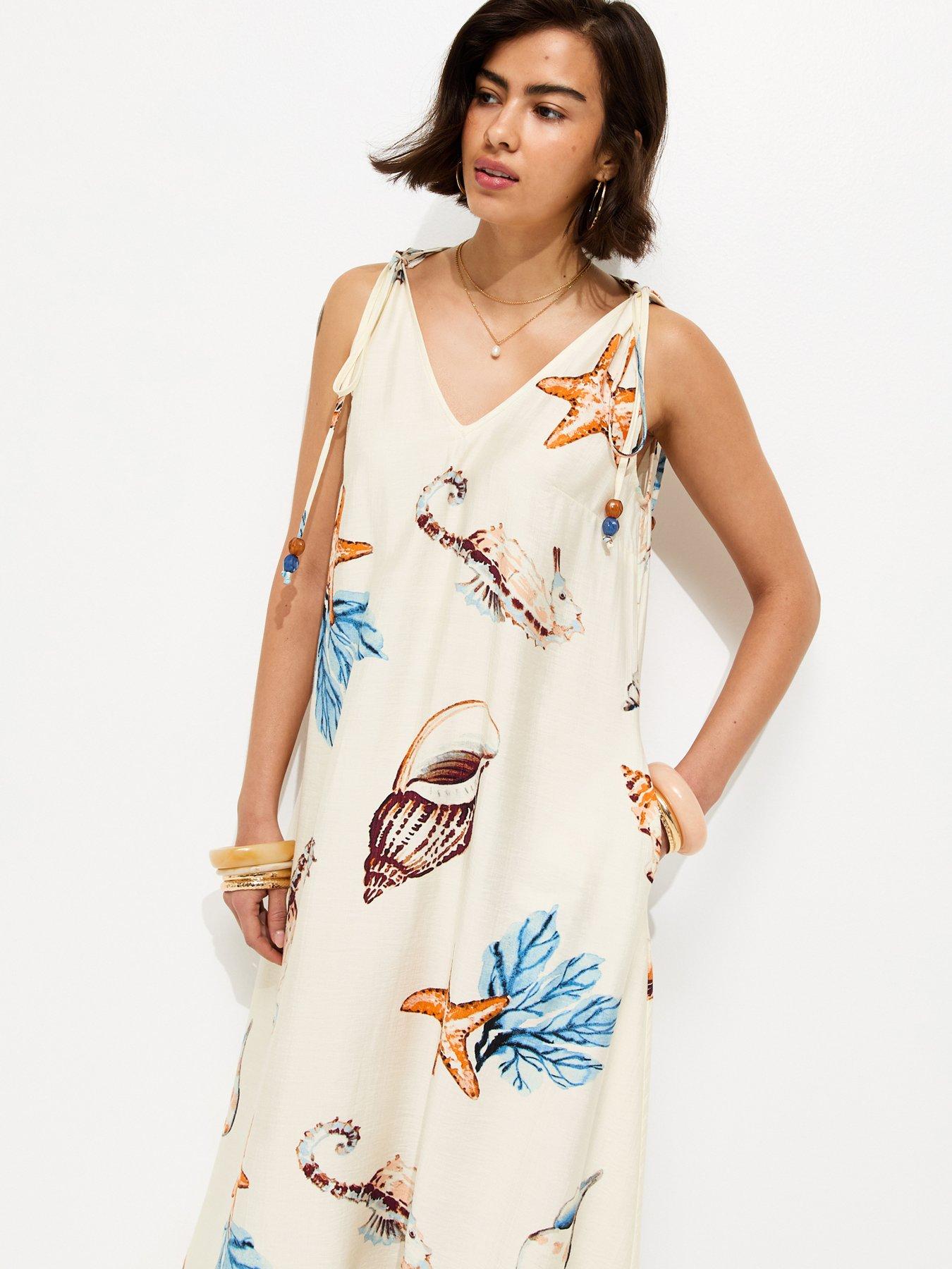 Image 4 of 6 of New Look Shell Print Beaded Strap Maxi Dress - Cream