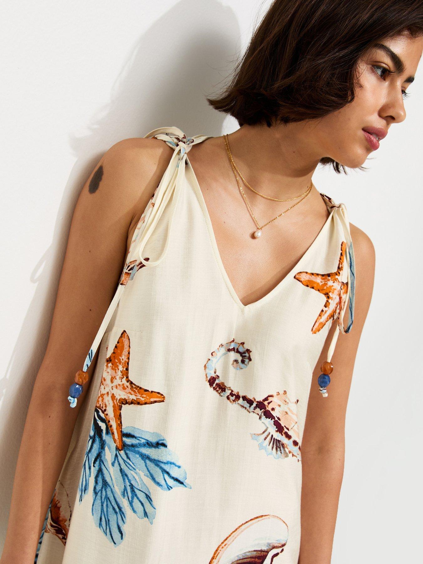 Image 5 of 6 of New Look Shell Print Beaded Strap Maxi Dress - Cream