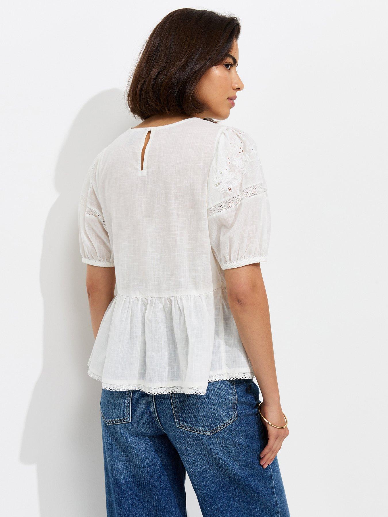 Image 2 of 6 of New Look Cotton Lace Trim Puff Sleeve Blouse - White