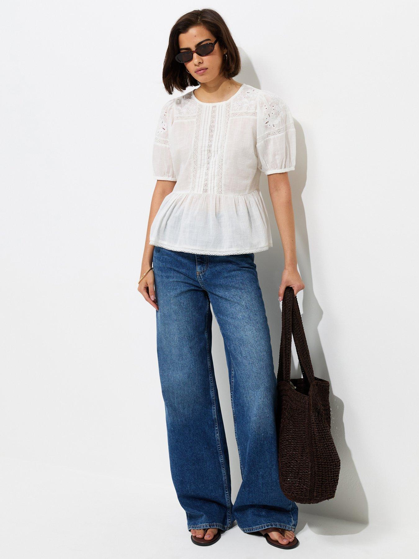 Image 3 of 6 of New Look Cotton Lace Trim Puff Sleeve Blouse - White