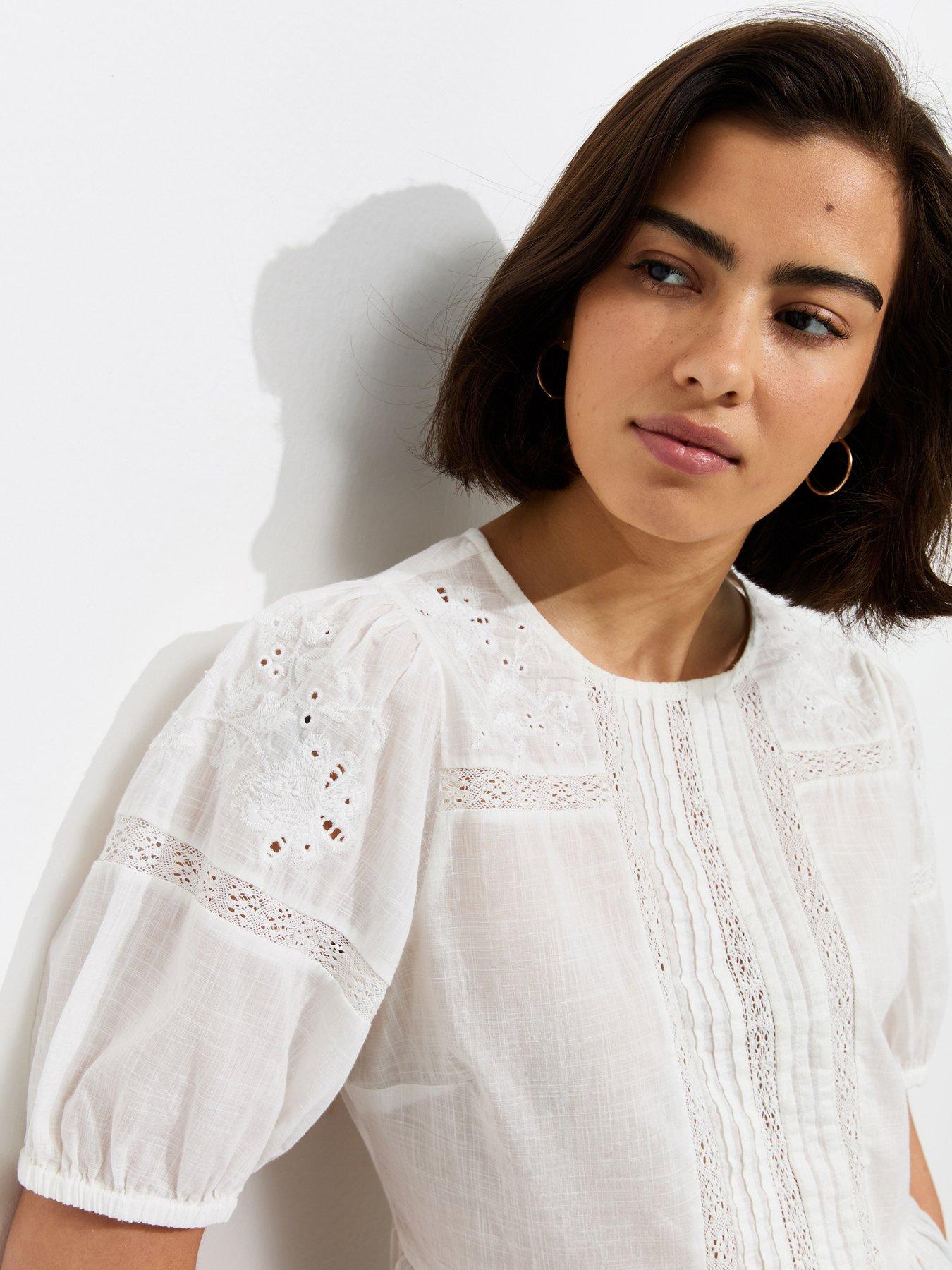 Image 4 of 6 of New Look Cotton Lace Trim Puff Sleeve Blouse - White