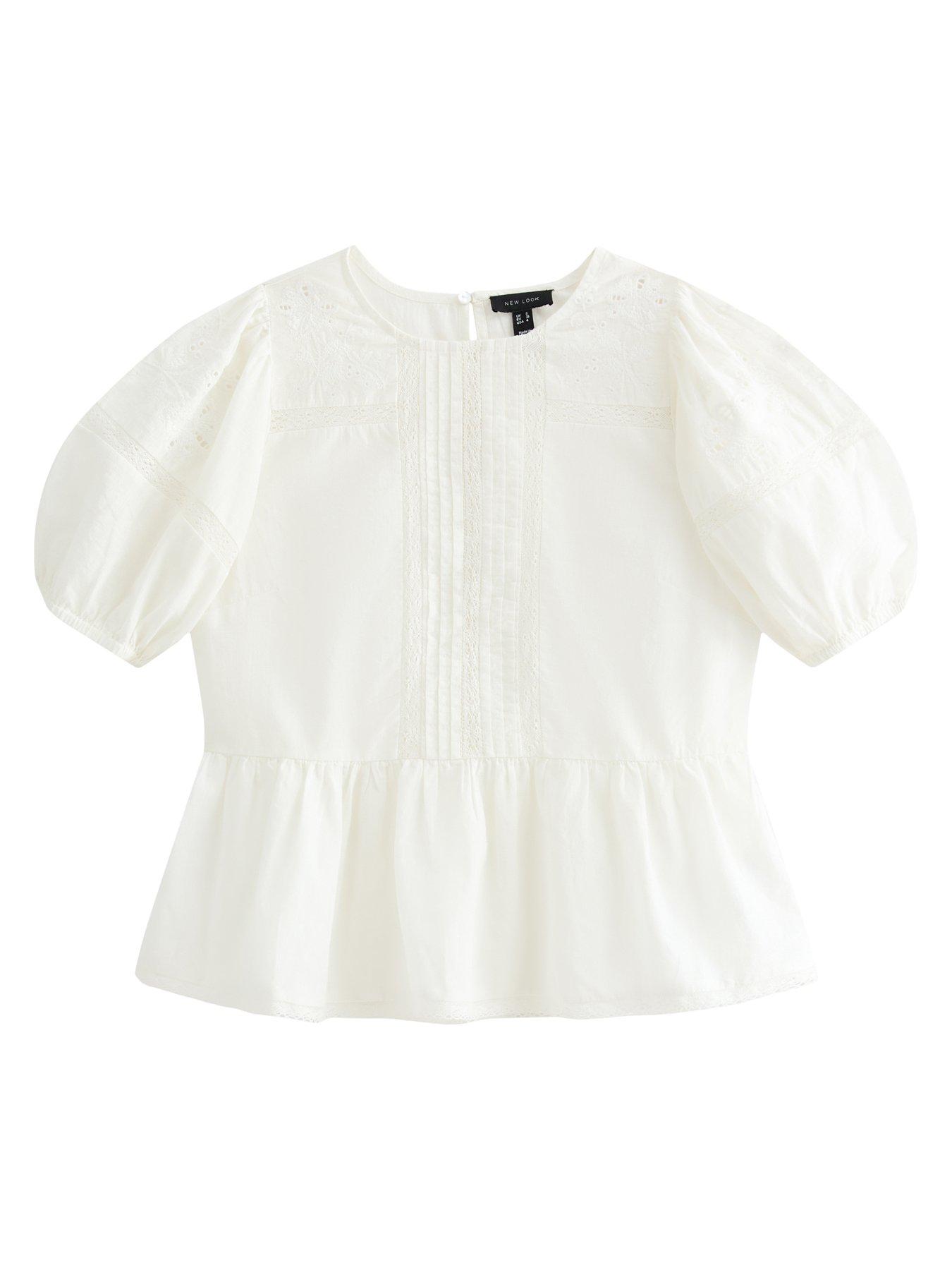 Image 6 of 6 of New Look Cotton Lace Trim Puff Sleeve Blouse - White