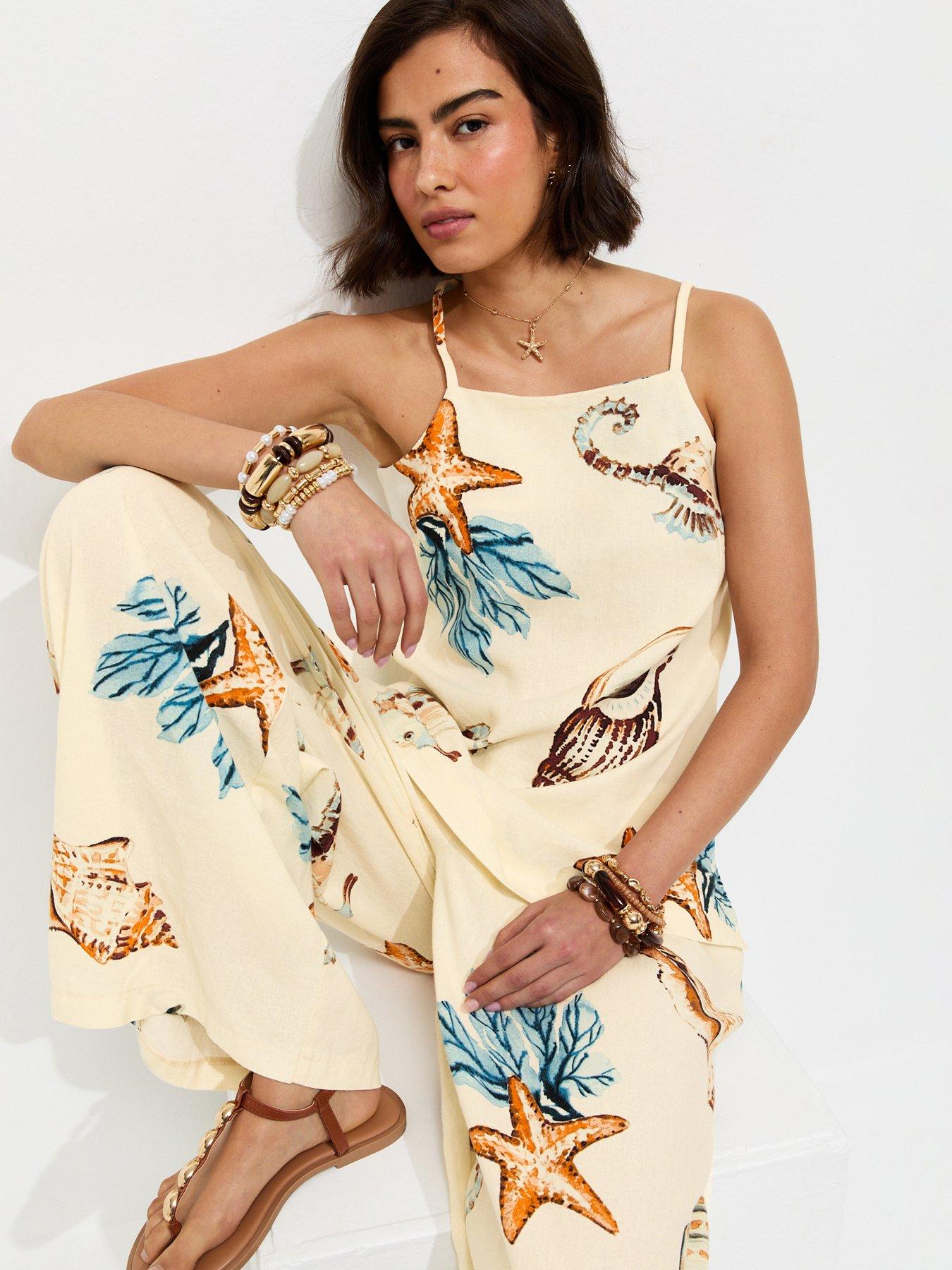 New Look Linen Rich Seahorse Print Longline Co-Ord Cami Top - Cream