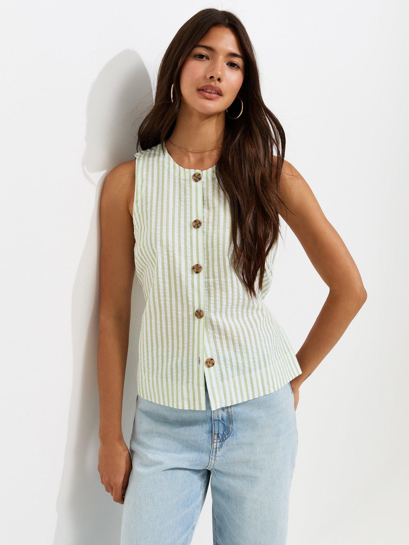 Image 1 of 5 of New Look Seersucker Stripe Button Front Sleeveless Top - Green