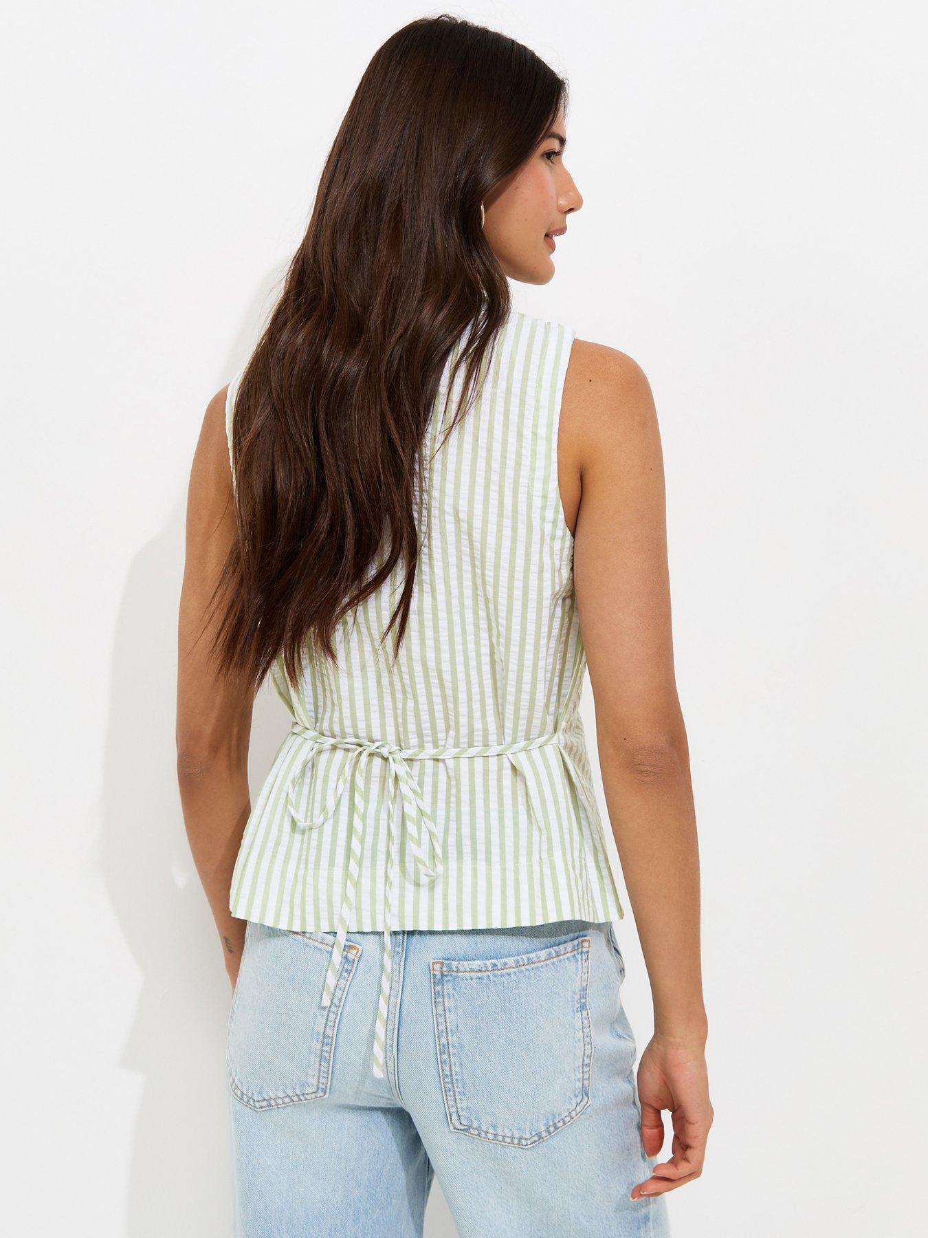 Image 2 of 5 of New Look Seersucker Stripe Button Front Sleeveless Top - Green
