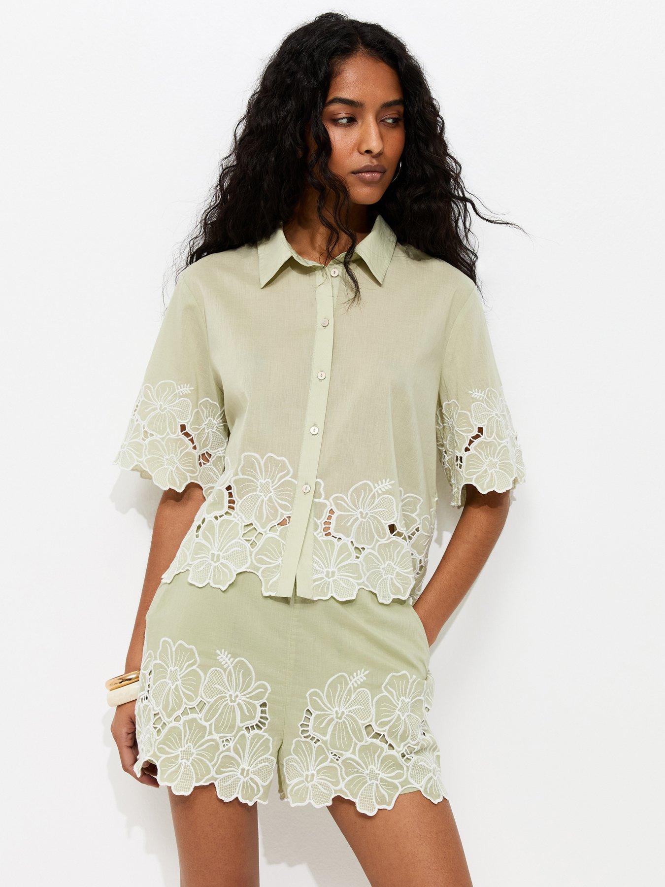 New Look Green Cotton Flower Embroidered Cropped Co-ord Shirt