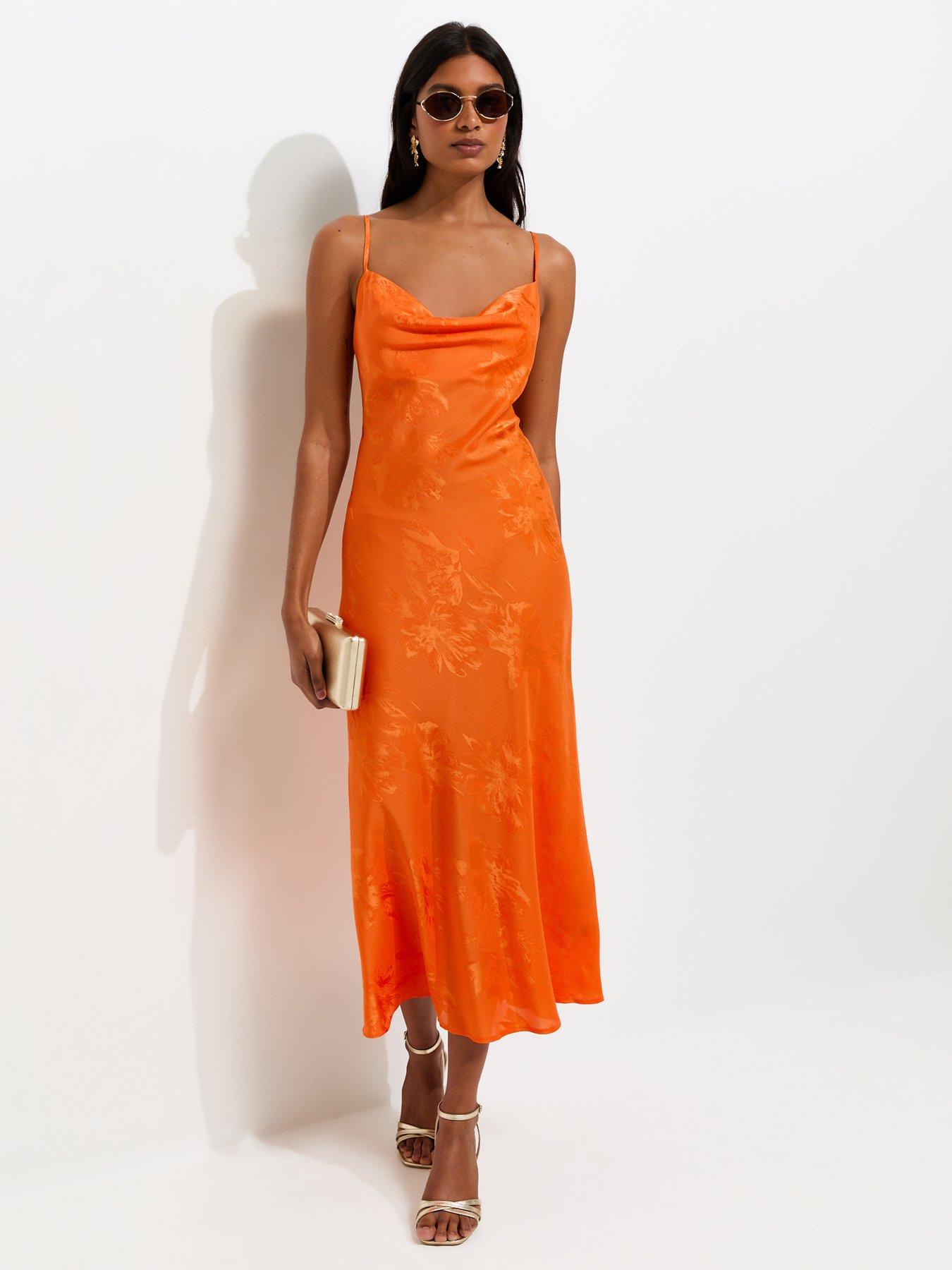 New Look Floral Jacquard Cowl Neck Strappy Midi Dress - Bright Orange