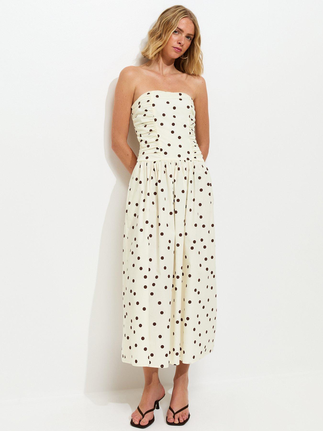 New Look Polka Dot Ruched Bandeau Midi Dress - Cream