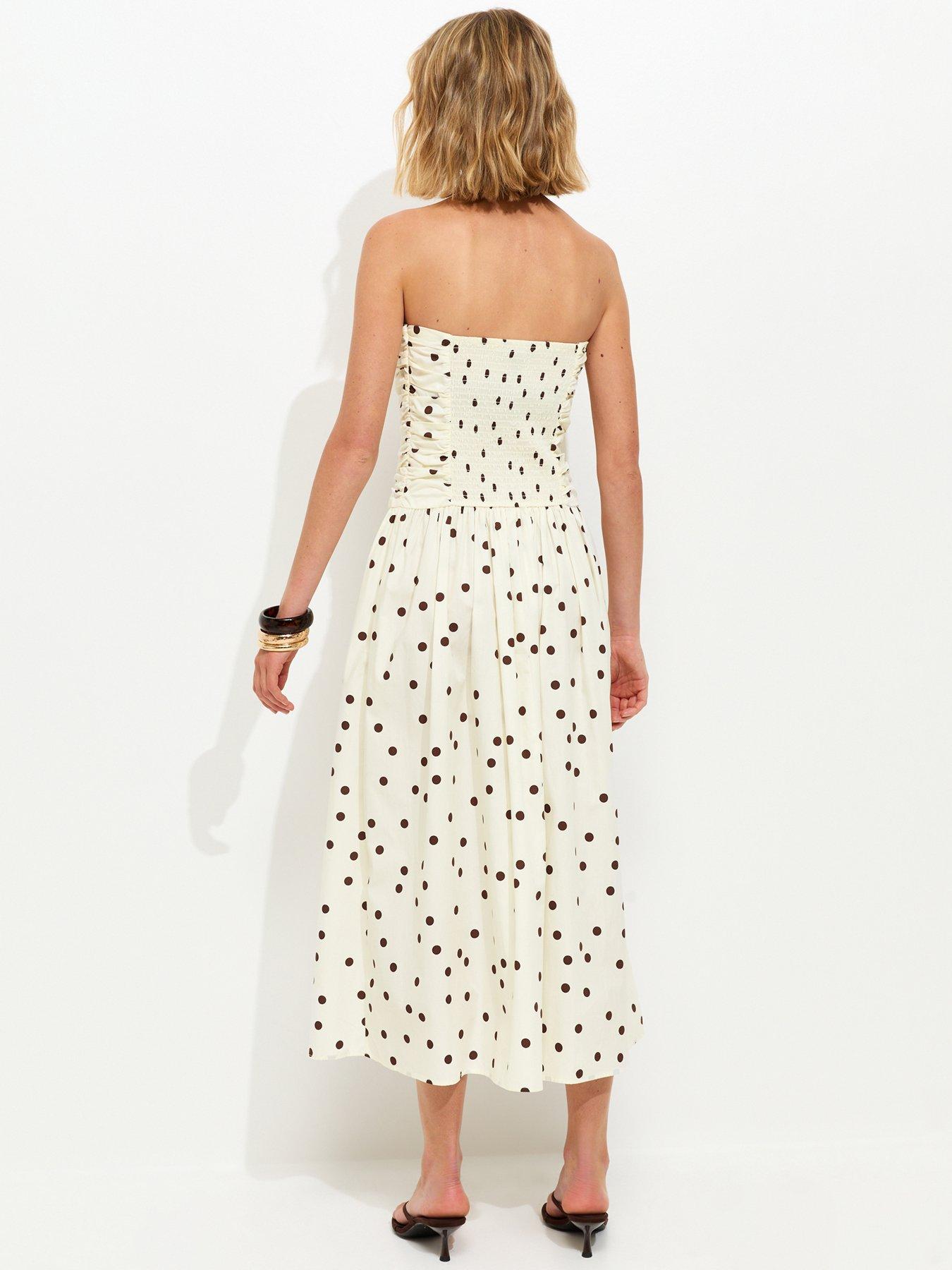 Image 2 of 6 of New Look Polka Dot Ruched Bandeau Midi Dress - Cream