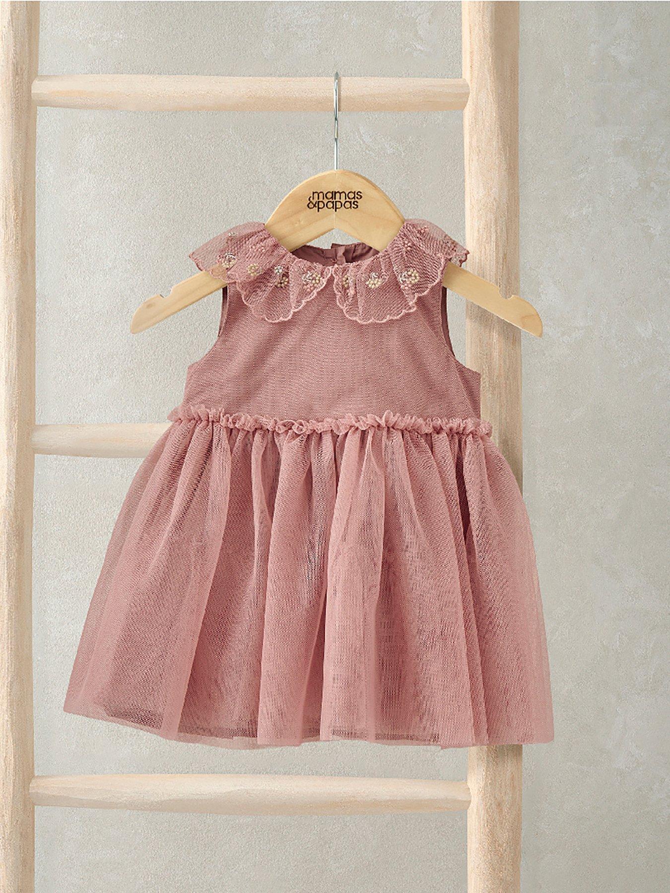 Mamas & Papas Baby Girls Floral Embroidered Collar Mesh Dress - Pink | Very