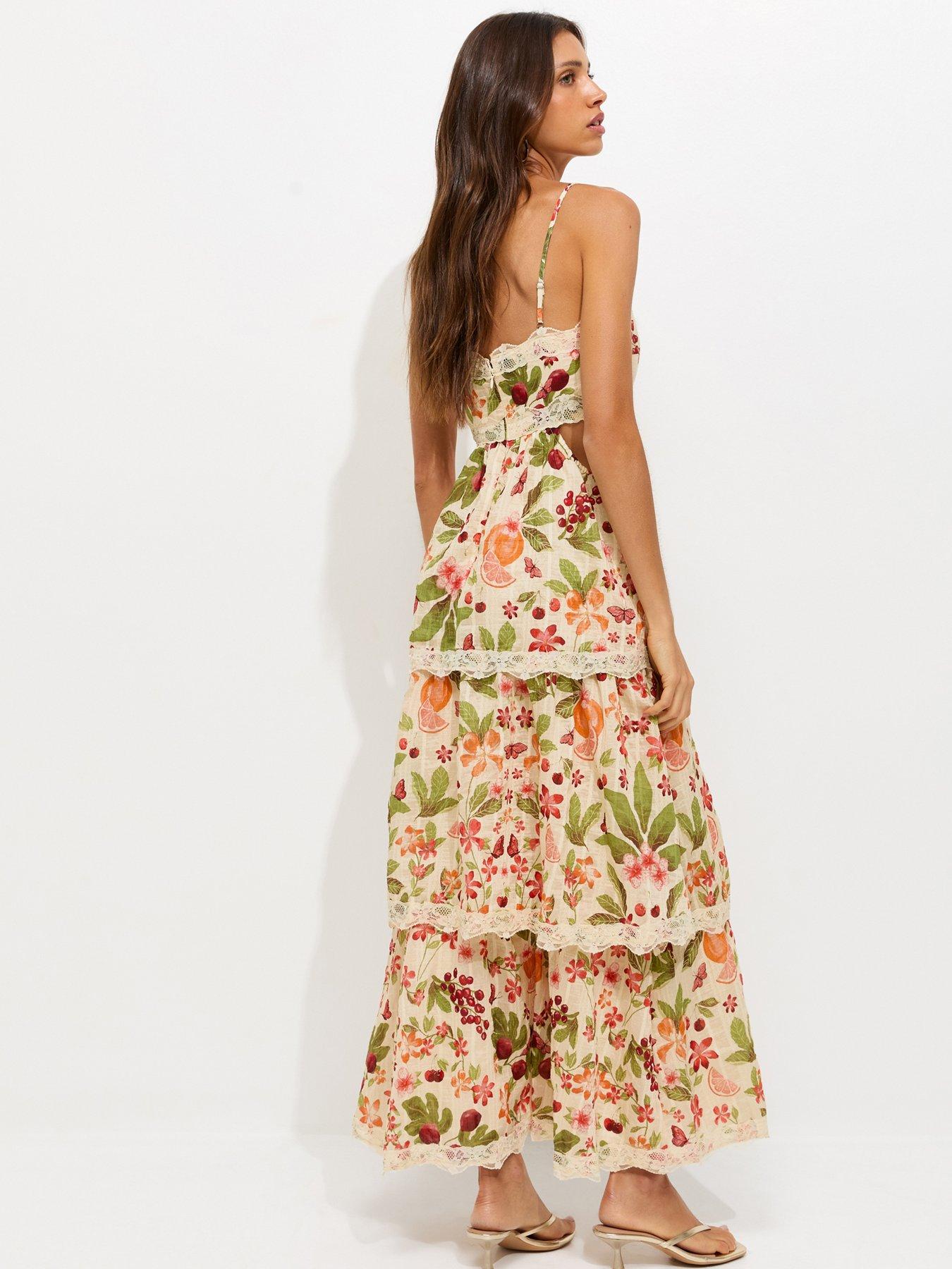 Image 2 of 5 of New Look Fruit Print Tiered Maxi Dress - Cream