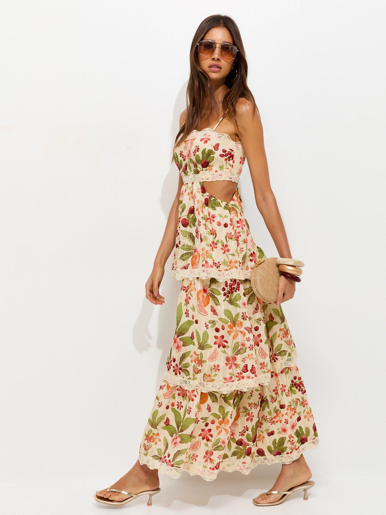 Image 3 of 5 of New Look Fruit Print Tiered Maxi Dress - Cream