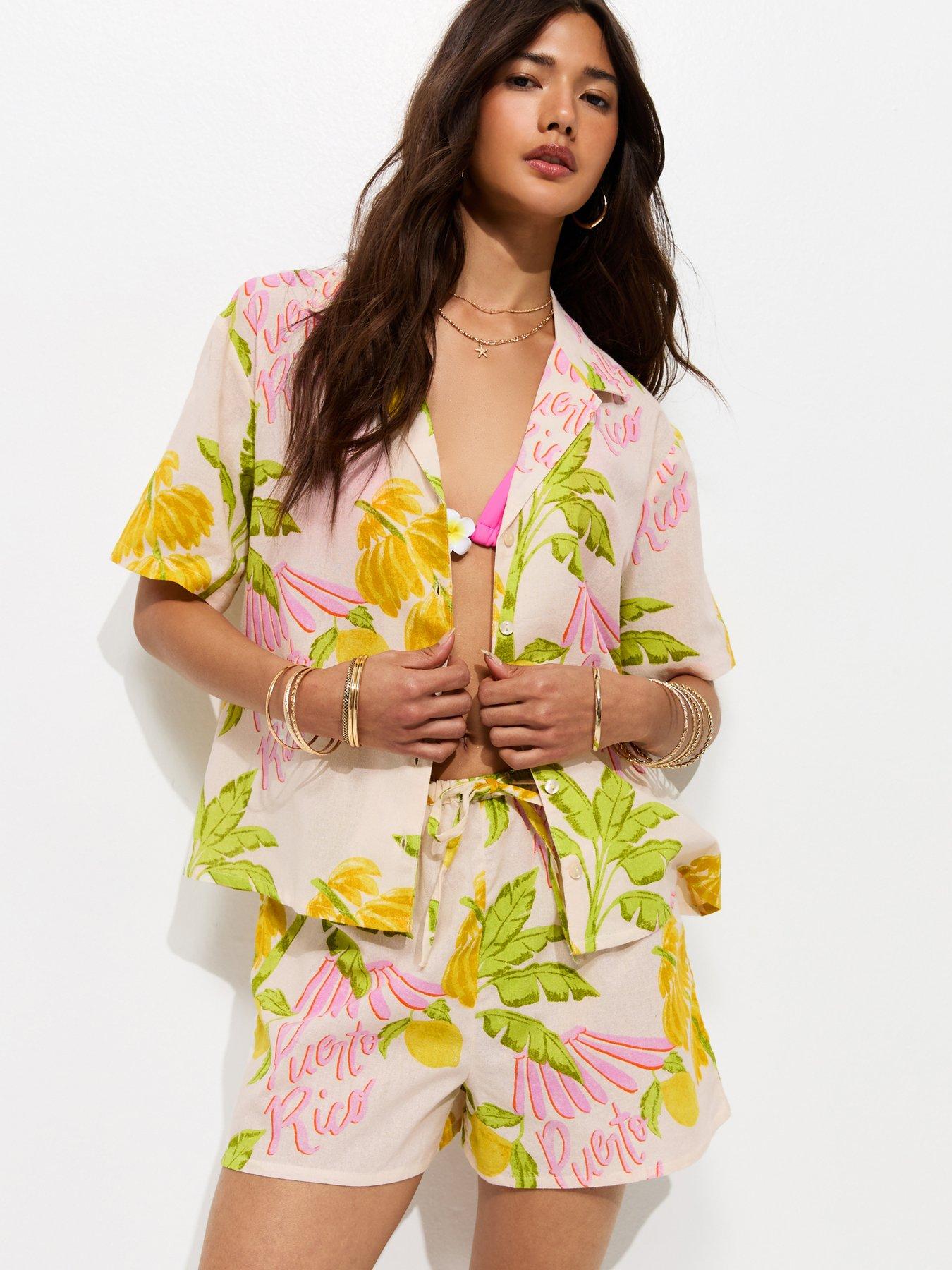 New Look Cotton Palm Print Co-Ord Shorts - Cream