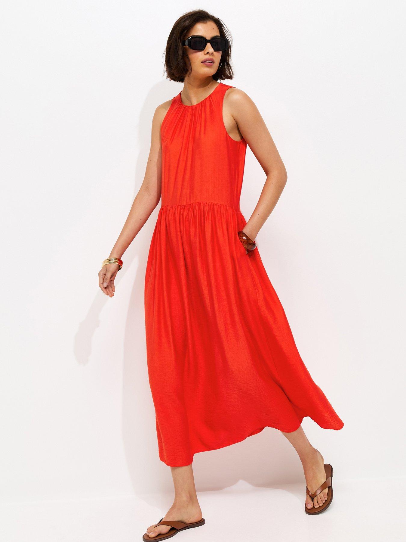 New Look Bright Orange Drop Waist Sleeveless Midi Dress