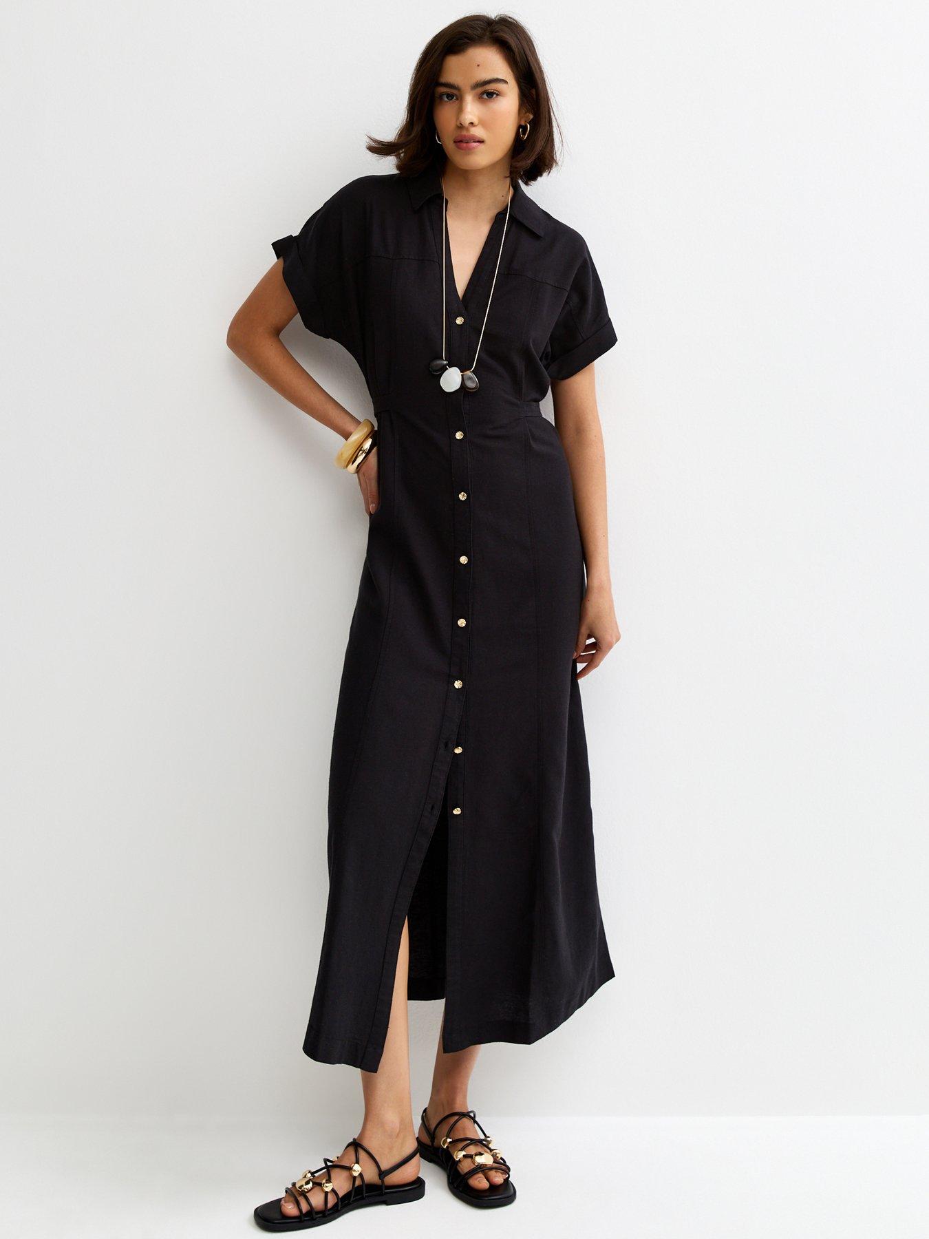 new look linen dress New Look linen blend puff sleeve midi dress with cut out detail in black