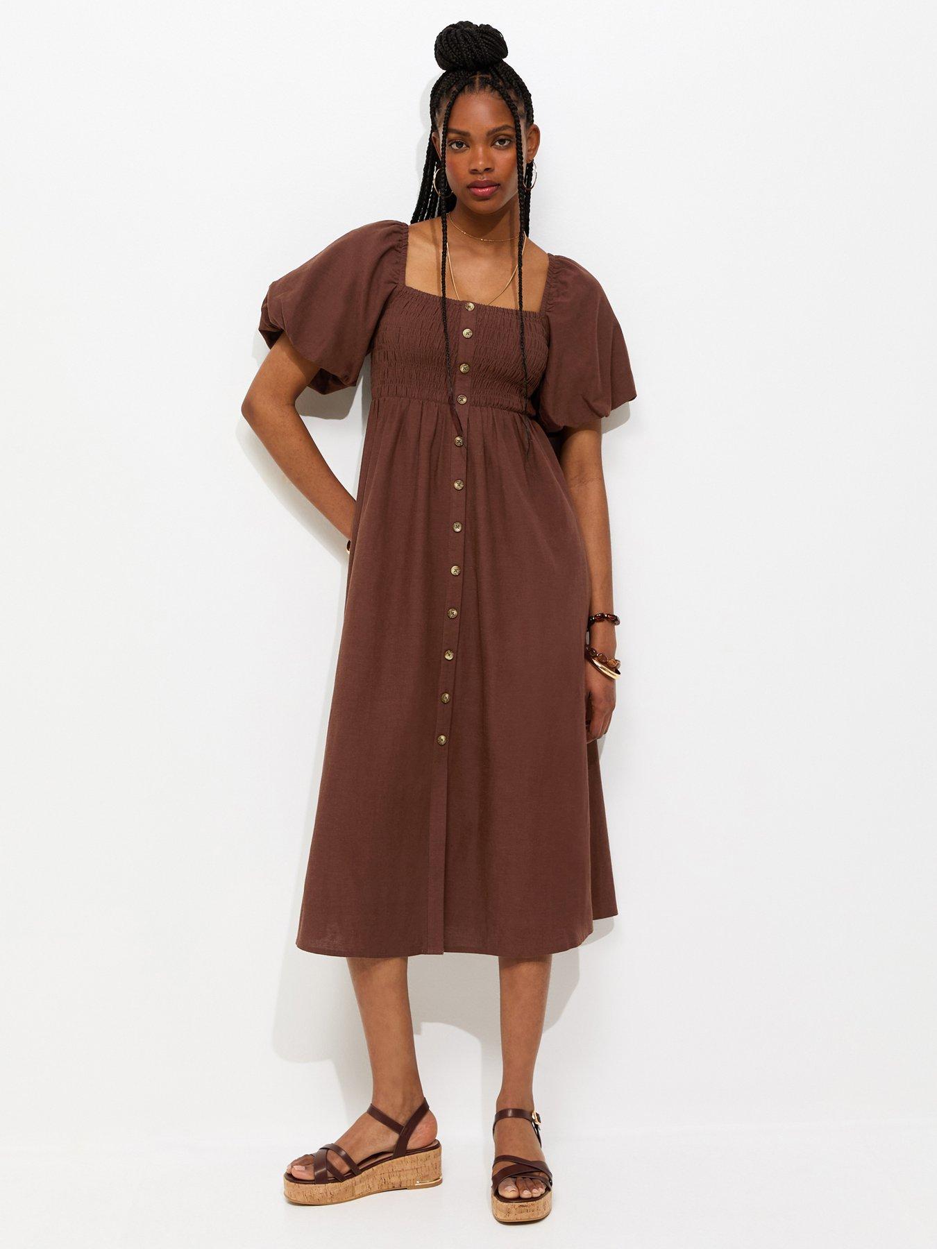 New Look Faux Button Milkmaid Midi Dress - Brown