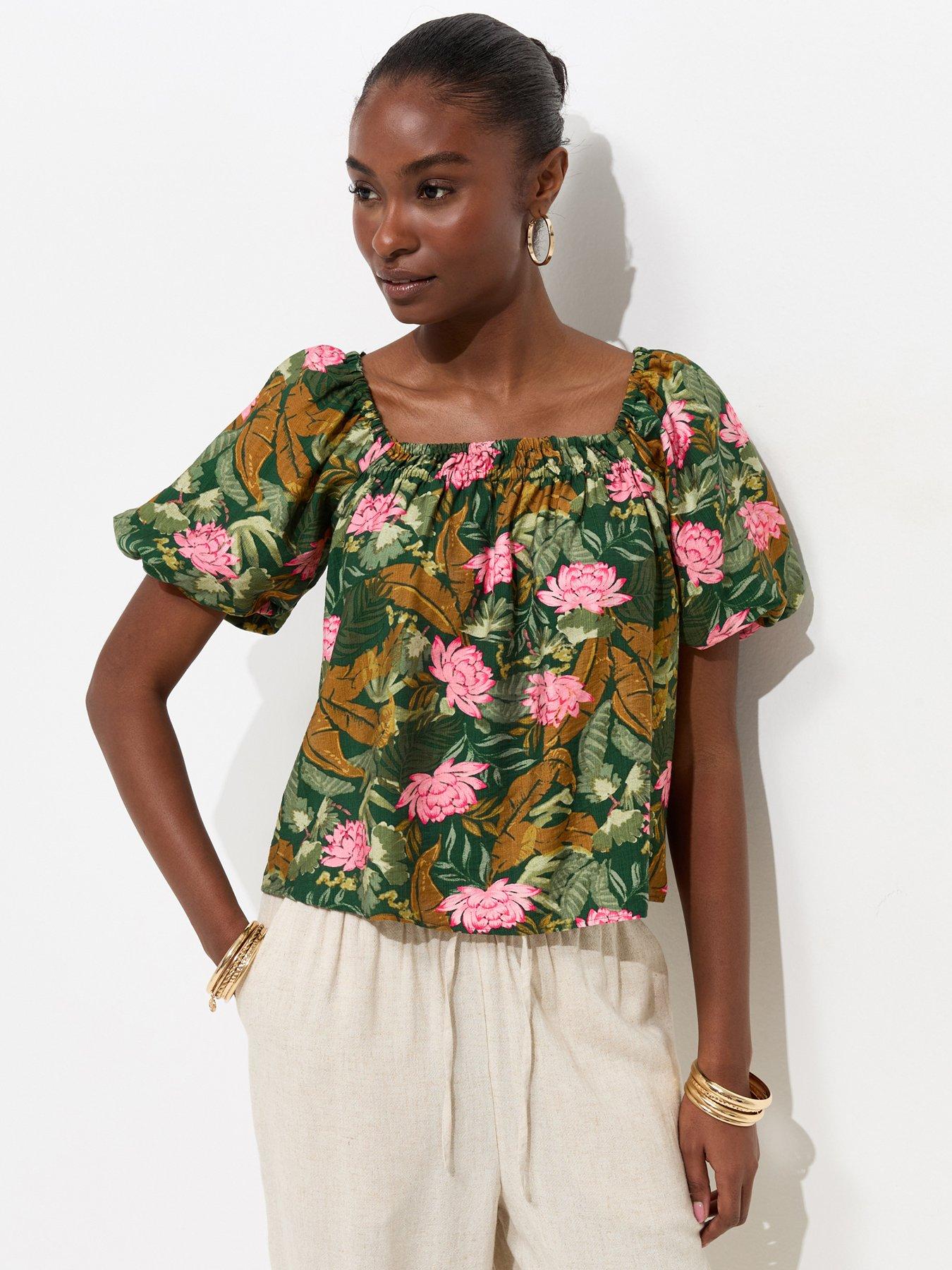 New Look Green Lotus Print Square Neck Blouse