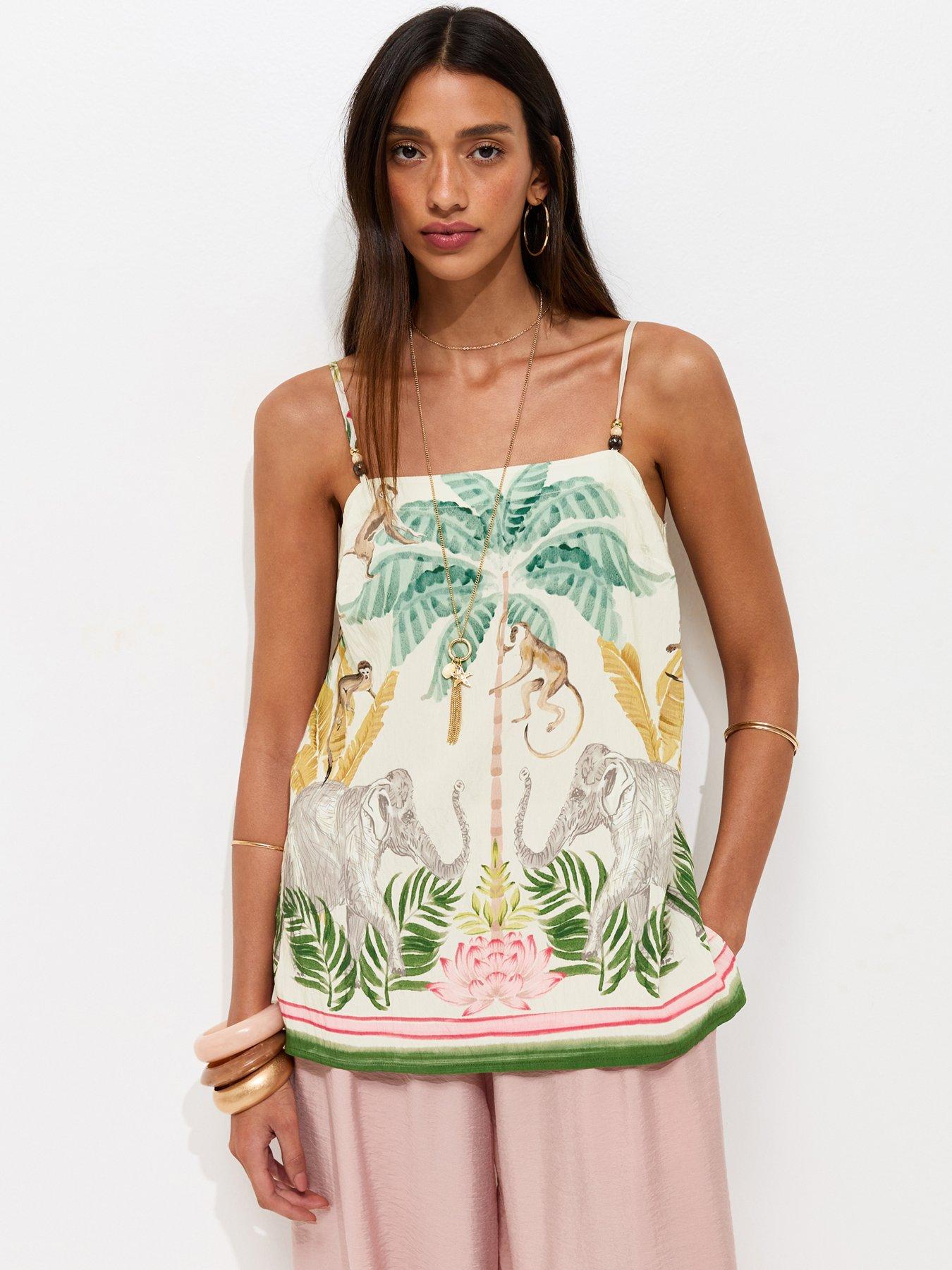 New Look Cream Tropical Print Beaded Strap Cami Top